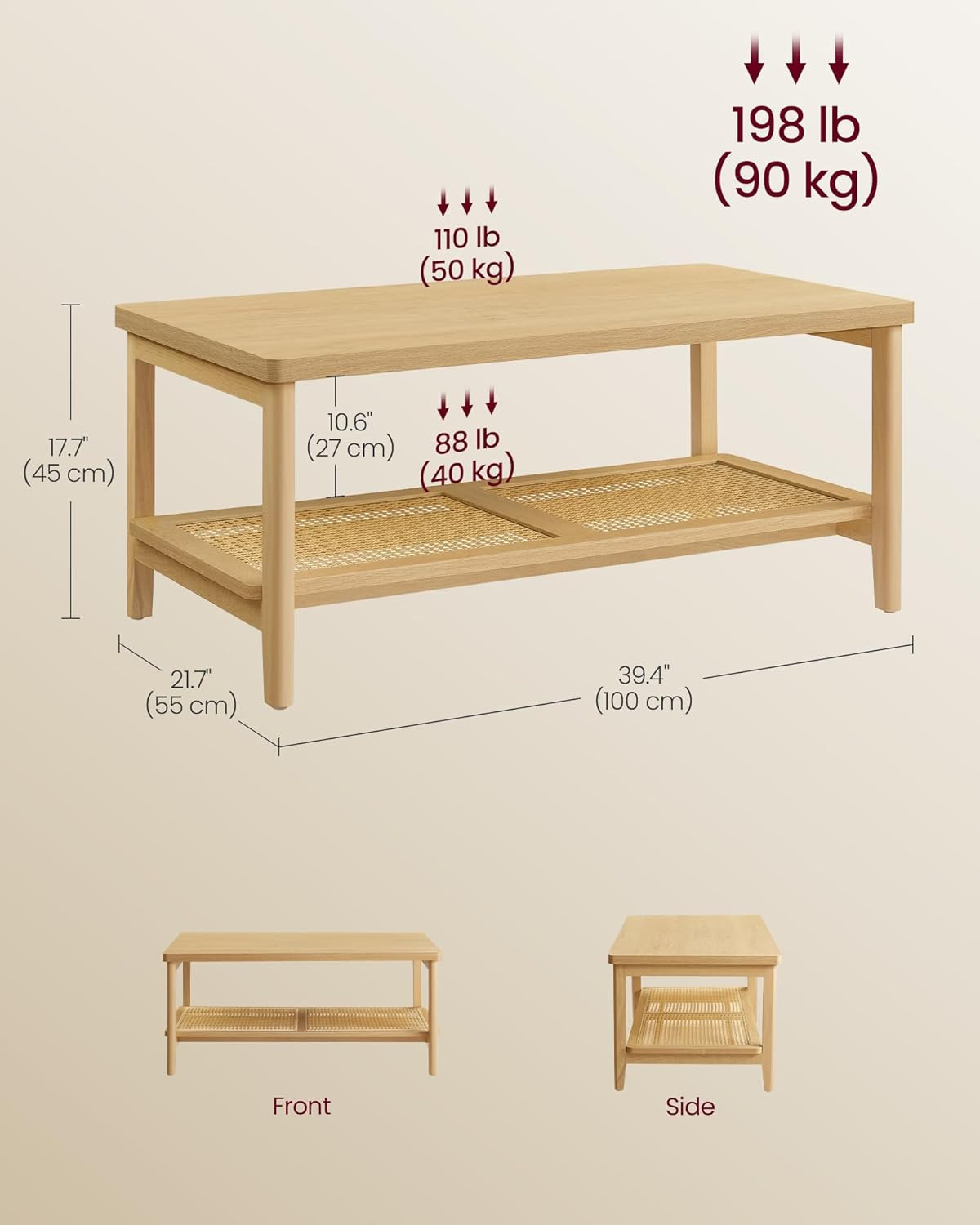 2-Tier Coffee Table for Living Room, Rectangular Living Room Table, with PVC Rat