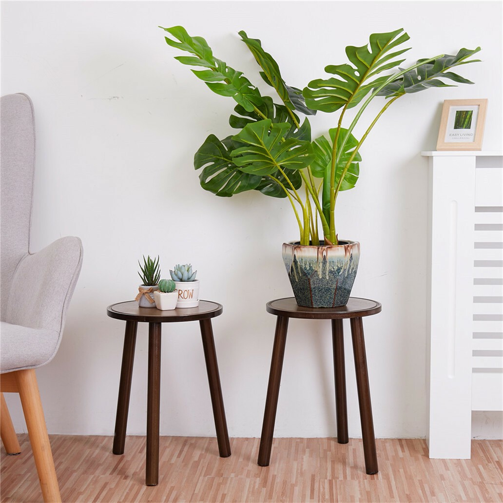 2PCS Retro Round Side Table Bamboo Plant Stand Flower Pots Holder 3-Legs Stools