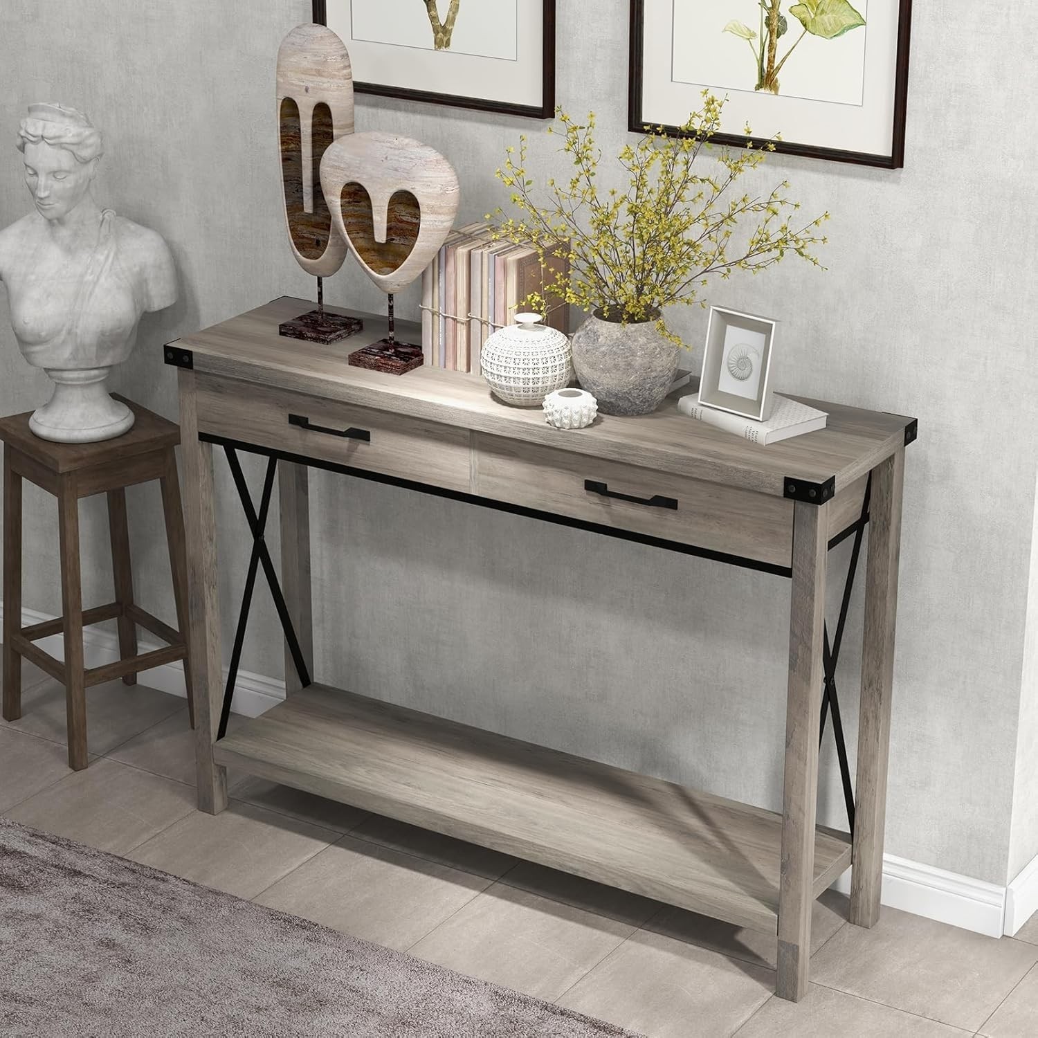 Console Table Open Shelf Accent Entryway Narrow Behind Sofa Table with 2 Drawer