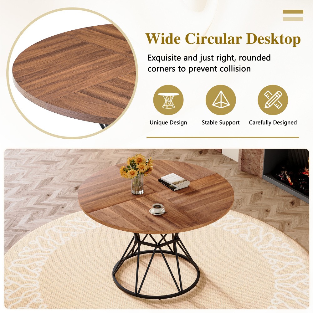 47.3″ Circular Dining Table, Walnut MDF Top, Black Hourglass Metal Base, for 4-6