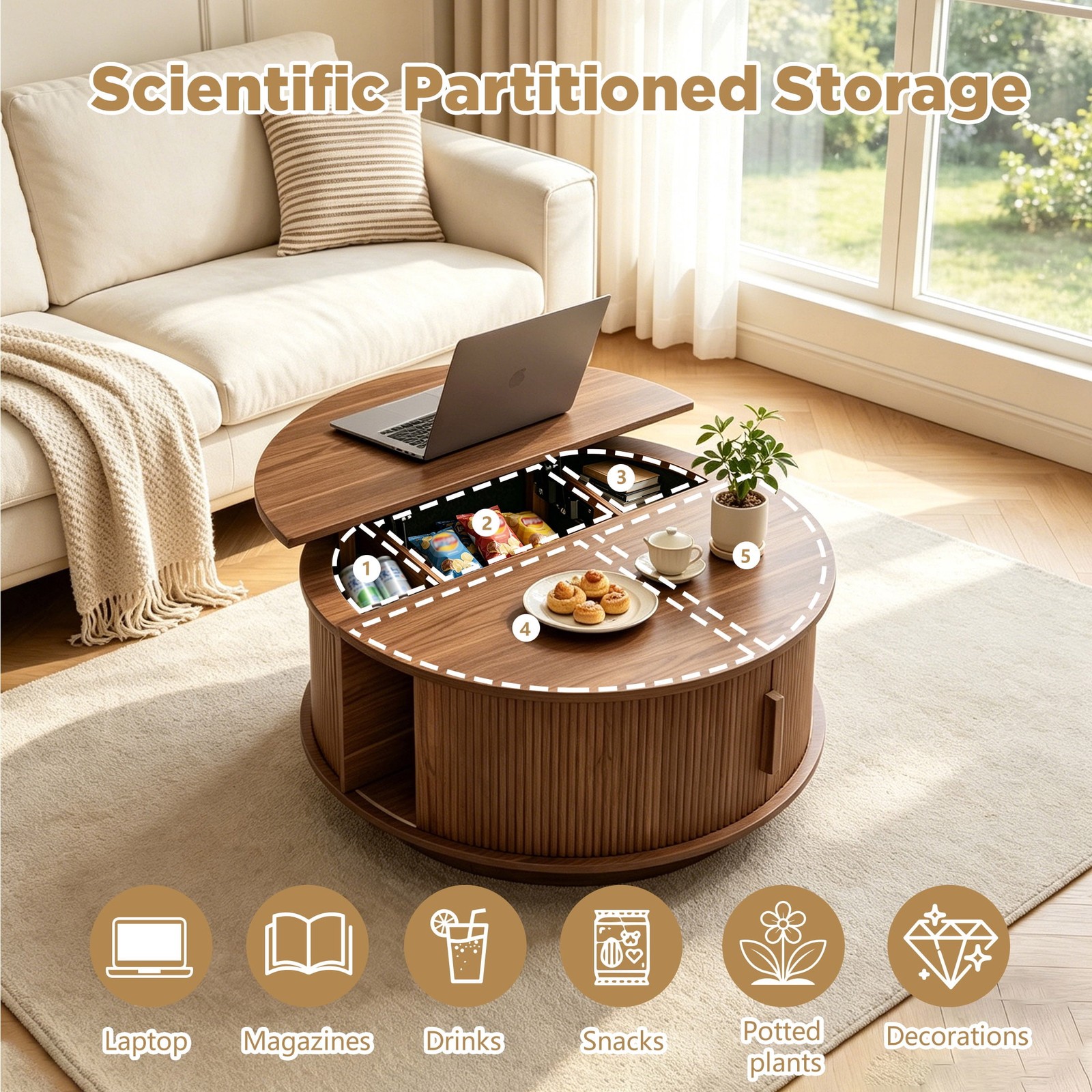 31.5″ Lift Top Round Coffee Table, Center Table with Storage for Living Room