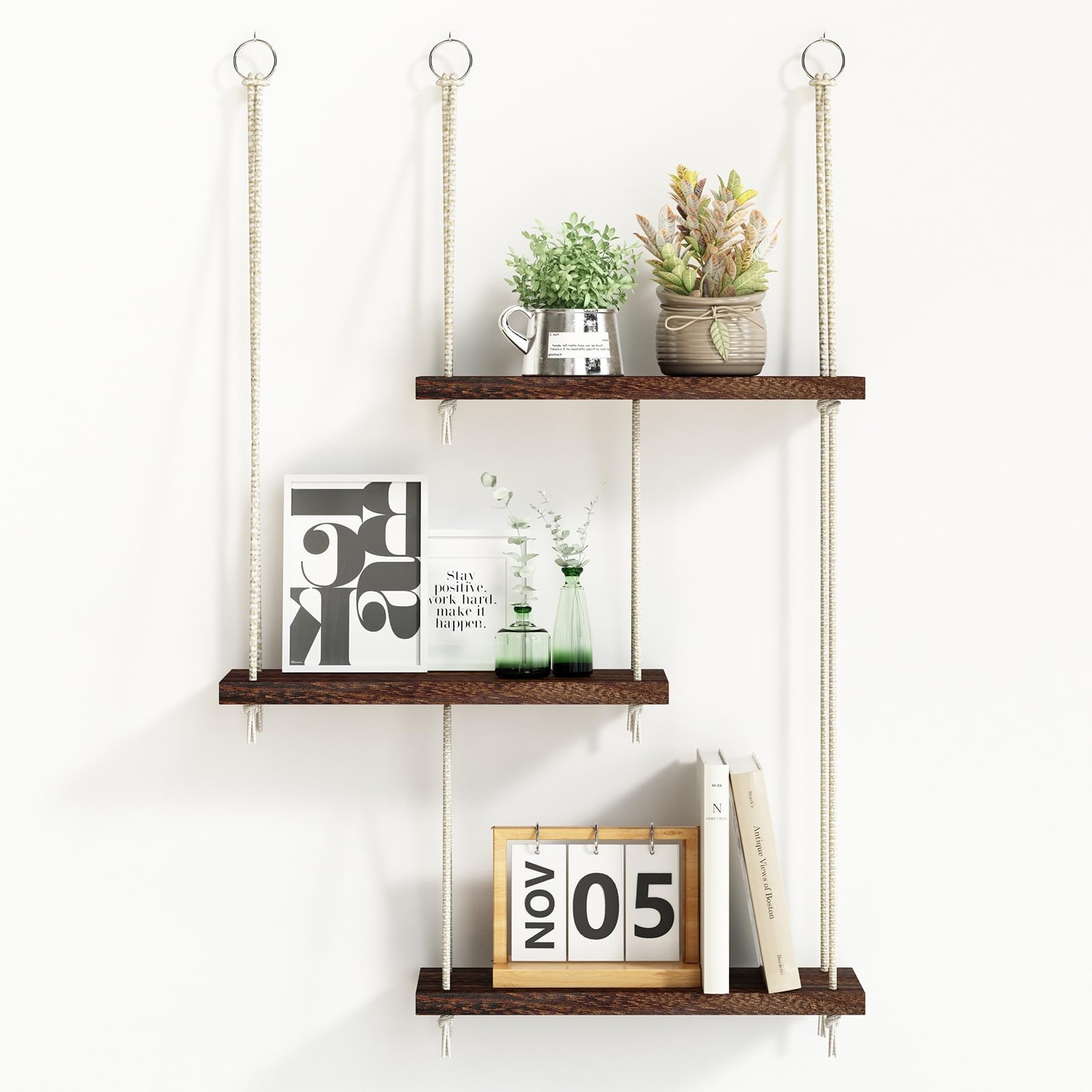 Fixwal Hanging Shelves for Wall, 3 Tier Boho 15.8×5.9×34.8 inches, Dark Brown