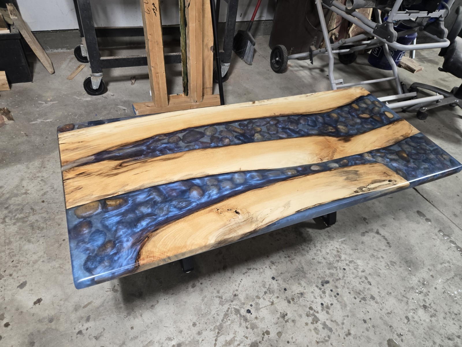 Live Edge Wood & Blue Resin River Coffee Table, Black Metal Legs, Glossy Finish