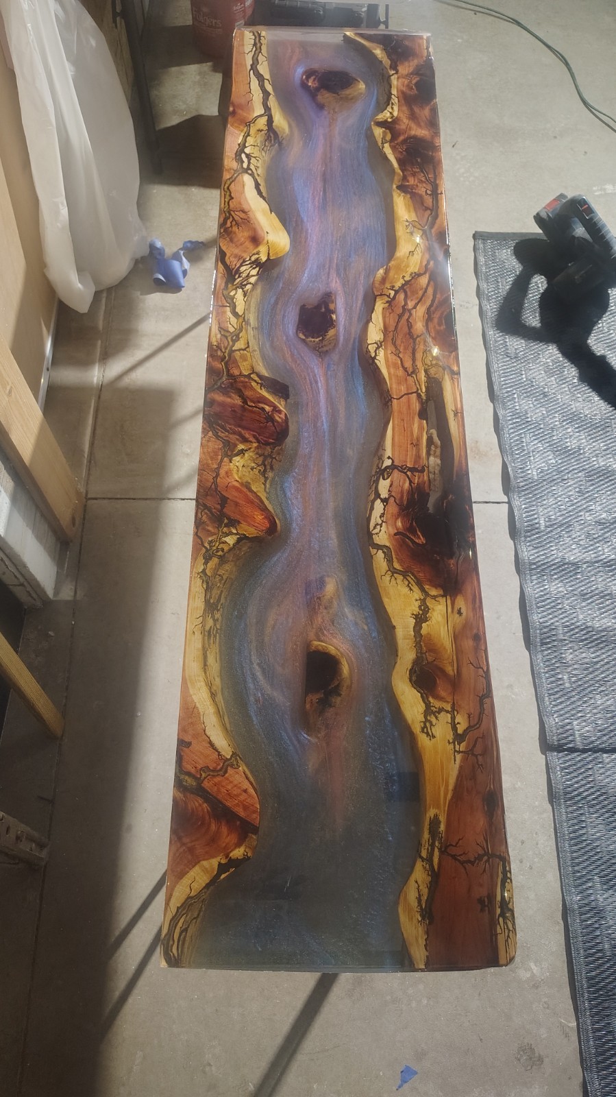 Red Cedar Epoxy Translucent River Table With Electricity Fracked Accents
