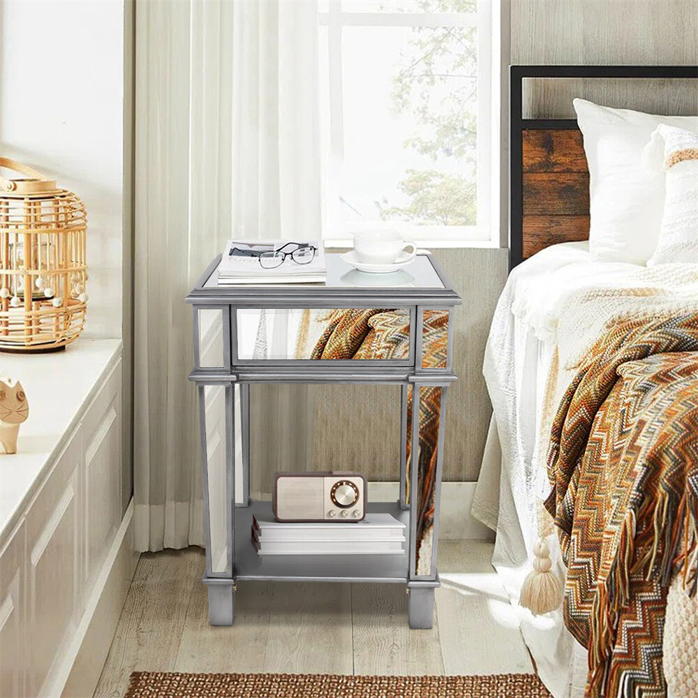 Drawer Mirrored Nightstand Side End Table Bedside Table for Bedroom Living Room