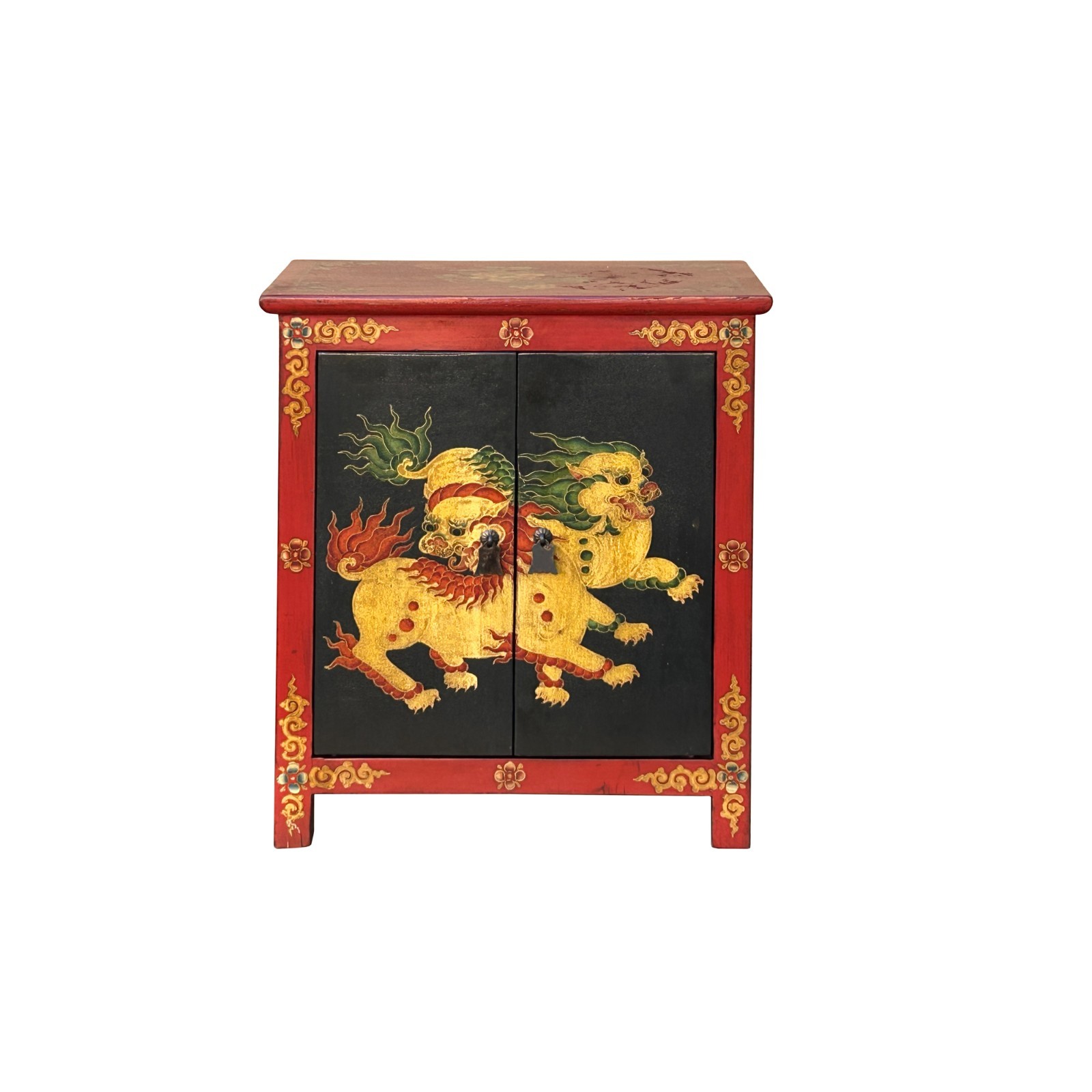 Tibetan Oriental Black Red Foo Dogs Lions End Table Nightstand GB158