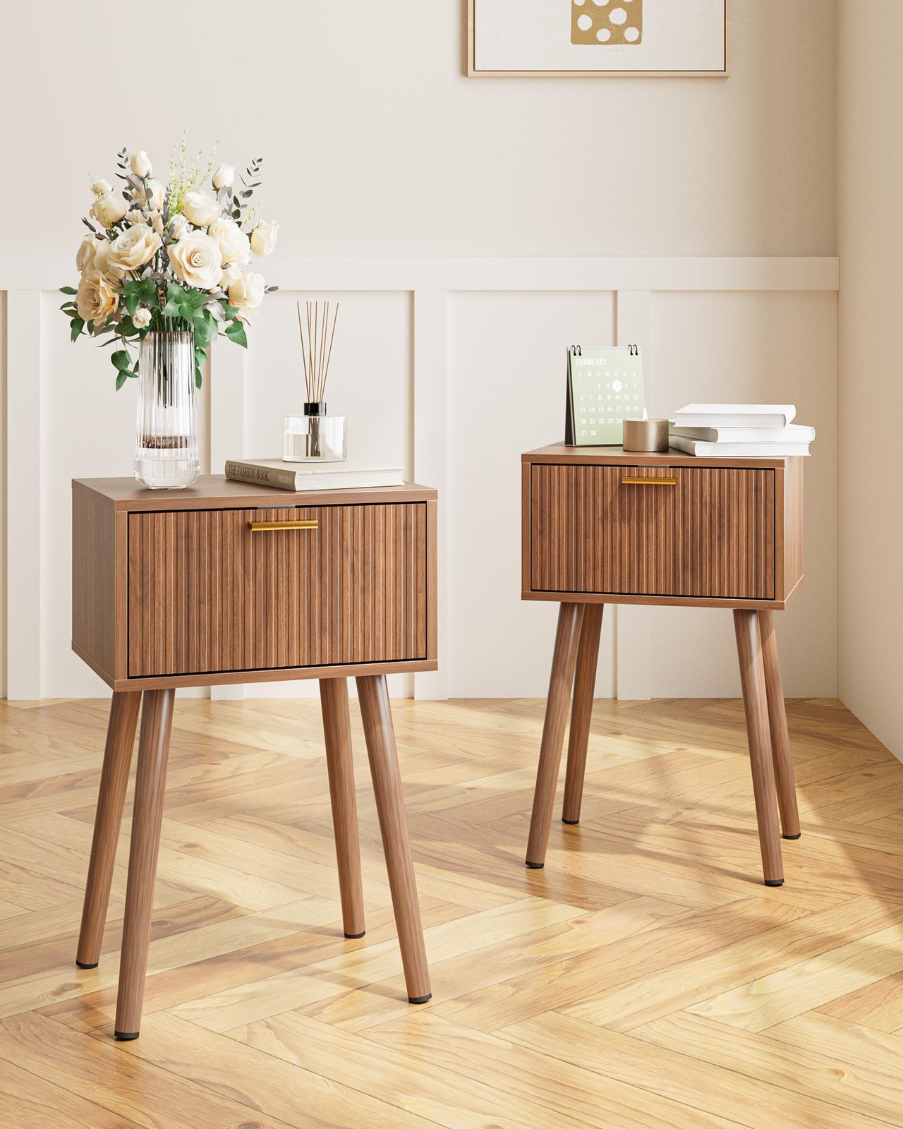 Night Stand Set 2, Walnut Nightstand with Fluted Doors, Small Modern MidCentu…