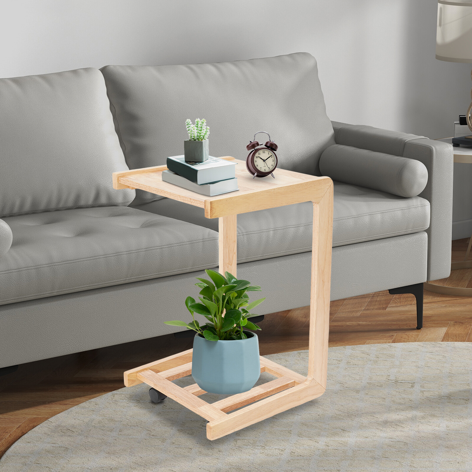 Wood Color C-shaped End Table Free Standing End Table with 4 Universal Wheels US