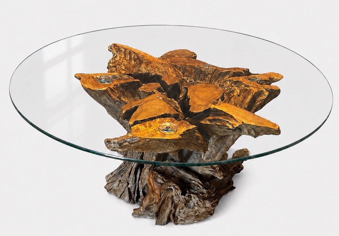Wood Root Coffee Table Round Glass Top 36”Indonesian Teak Live Edge READ