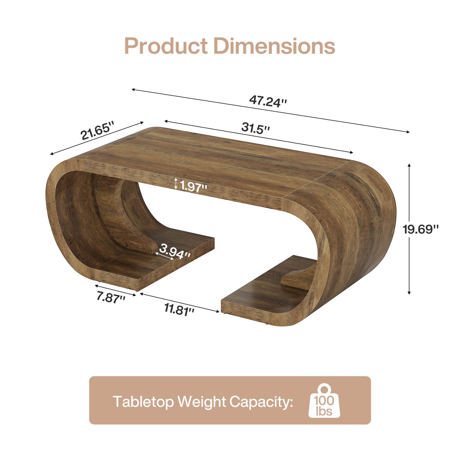 Tribesigns Farmhouse Coffee Table 47″ Heavy Duty C-Shaped Center Table for Home