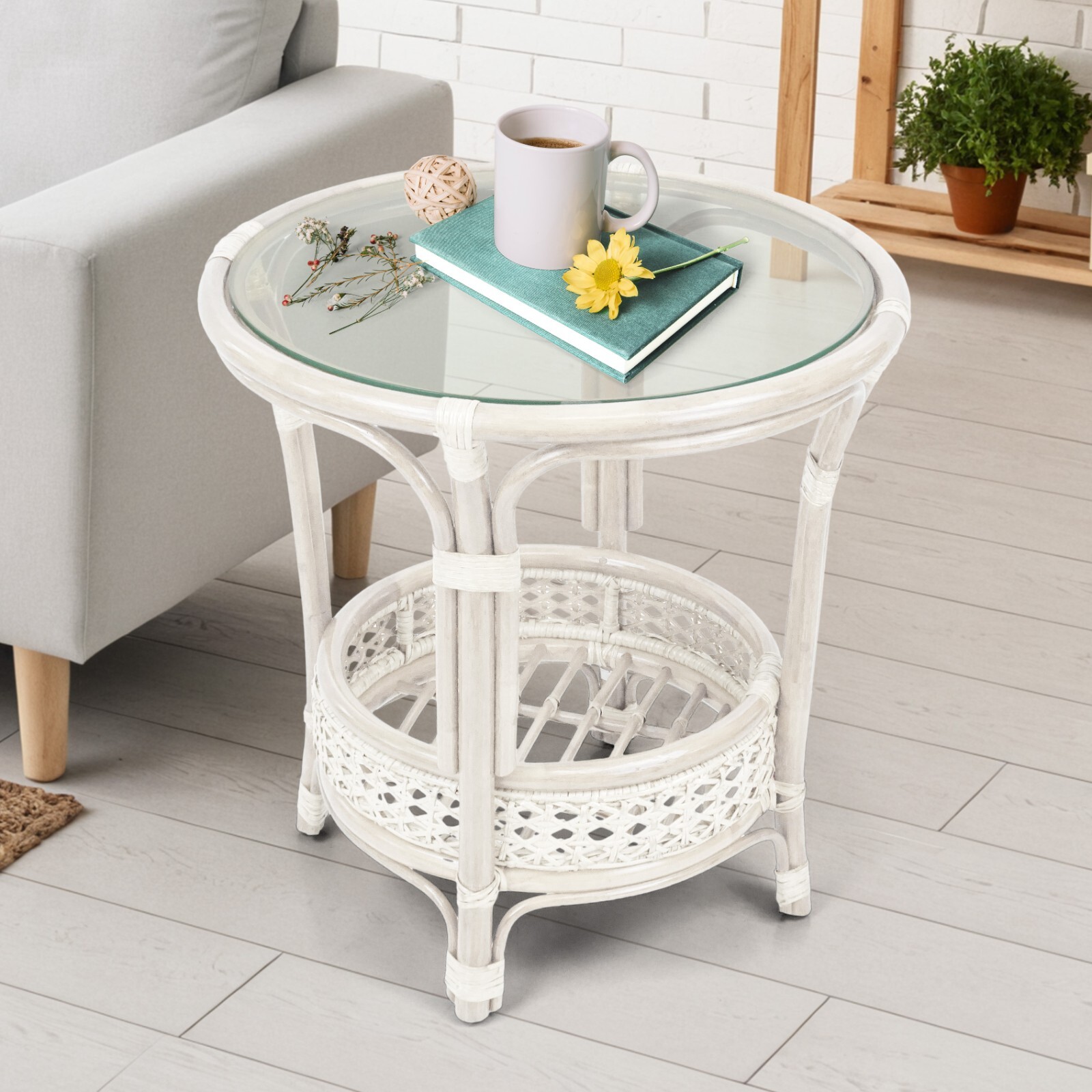 Pelangi Coffee Table with Glass Top Natural Wicker Rattan, White Color