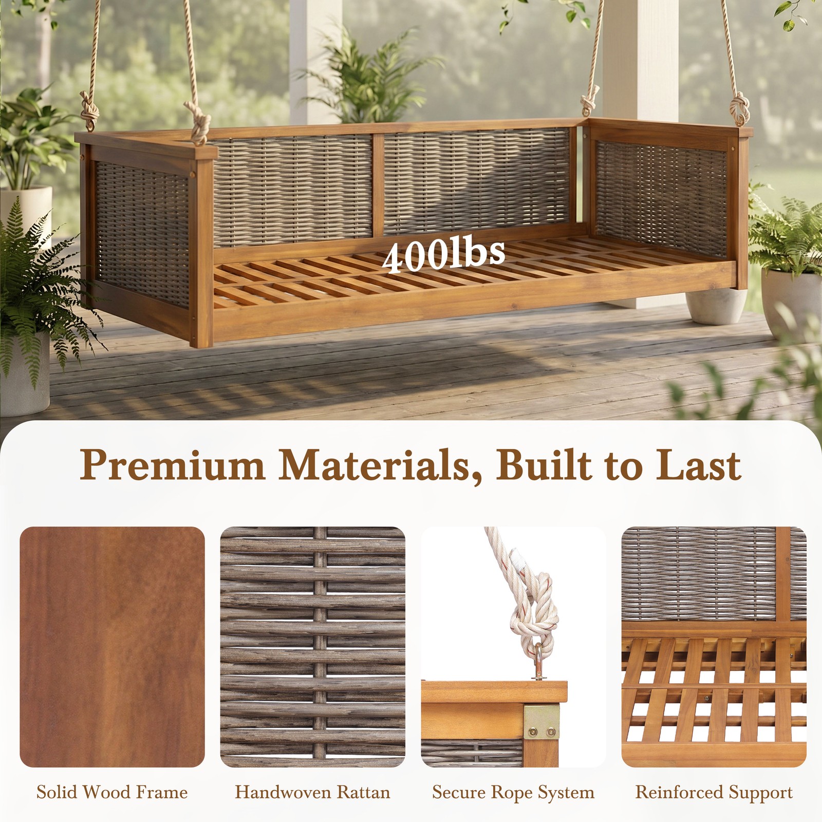 Acacia Wood Rattan Swing Bed Twin Size Outdoor Patio Porch Teak