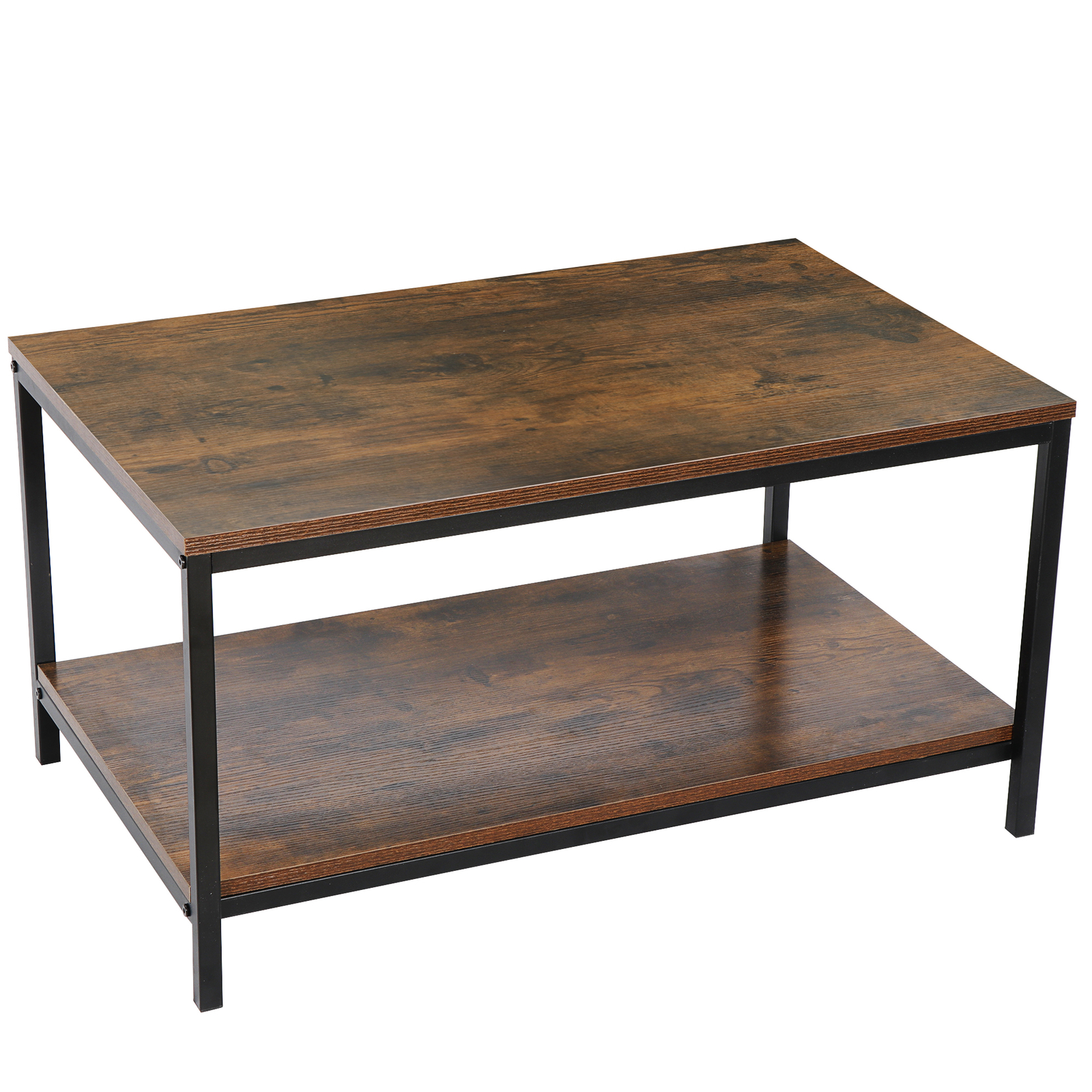 2-Tier Small Coffee Table Rectangle Wood Side End Table w/ Storage Rustic Brown