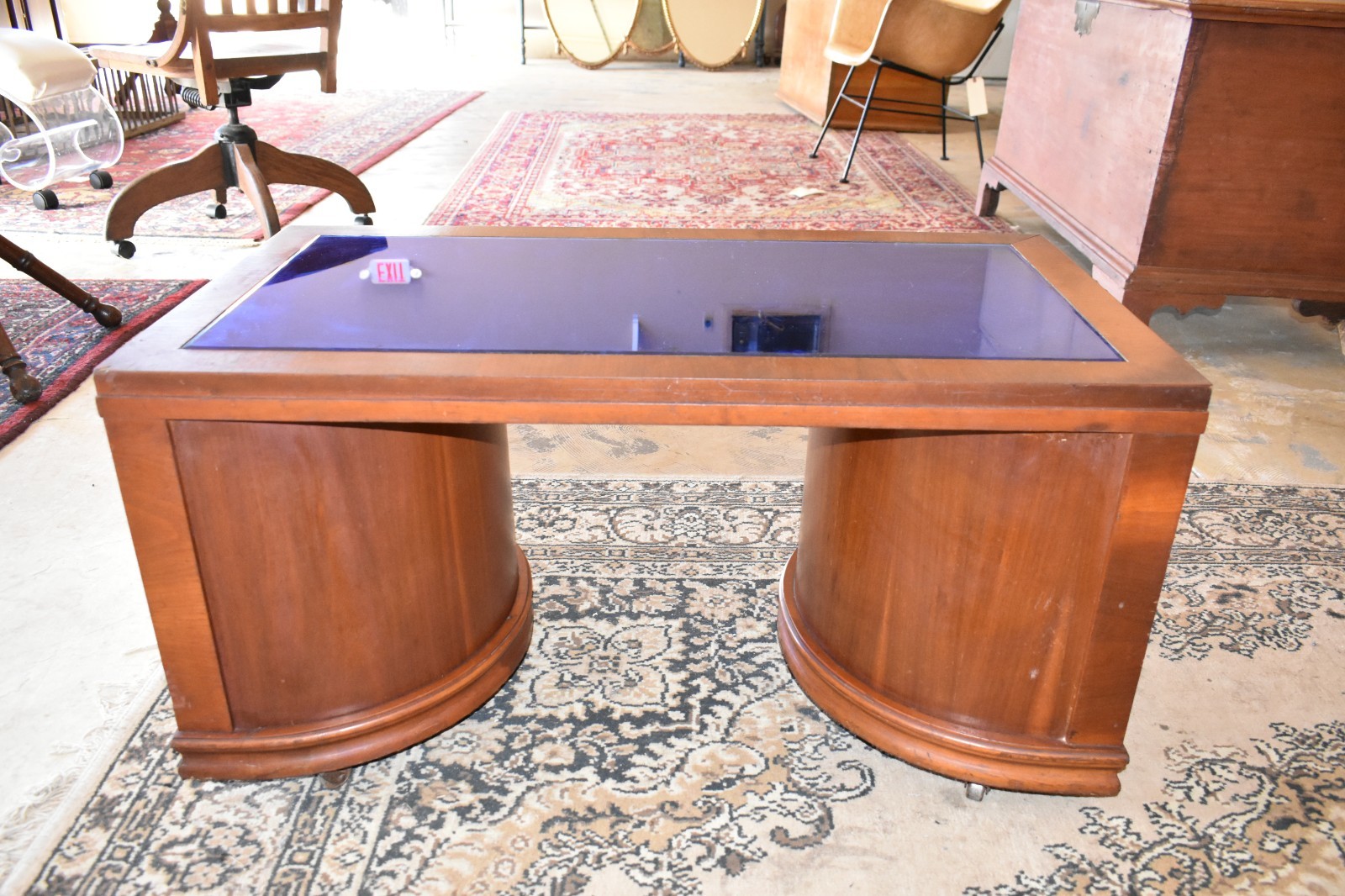 Art Deco Coffee Table Blue Tinted Glass Top Vintage Furniture