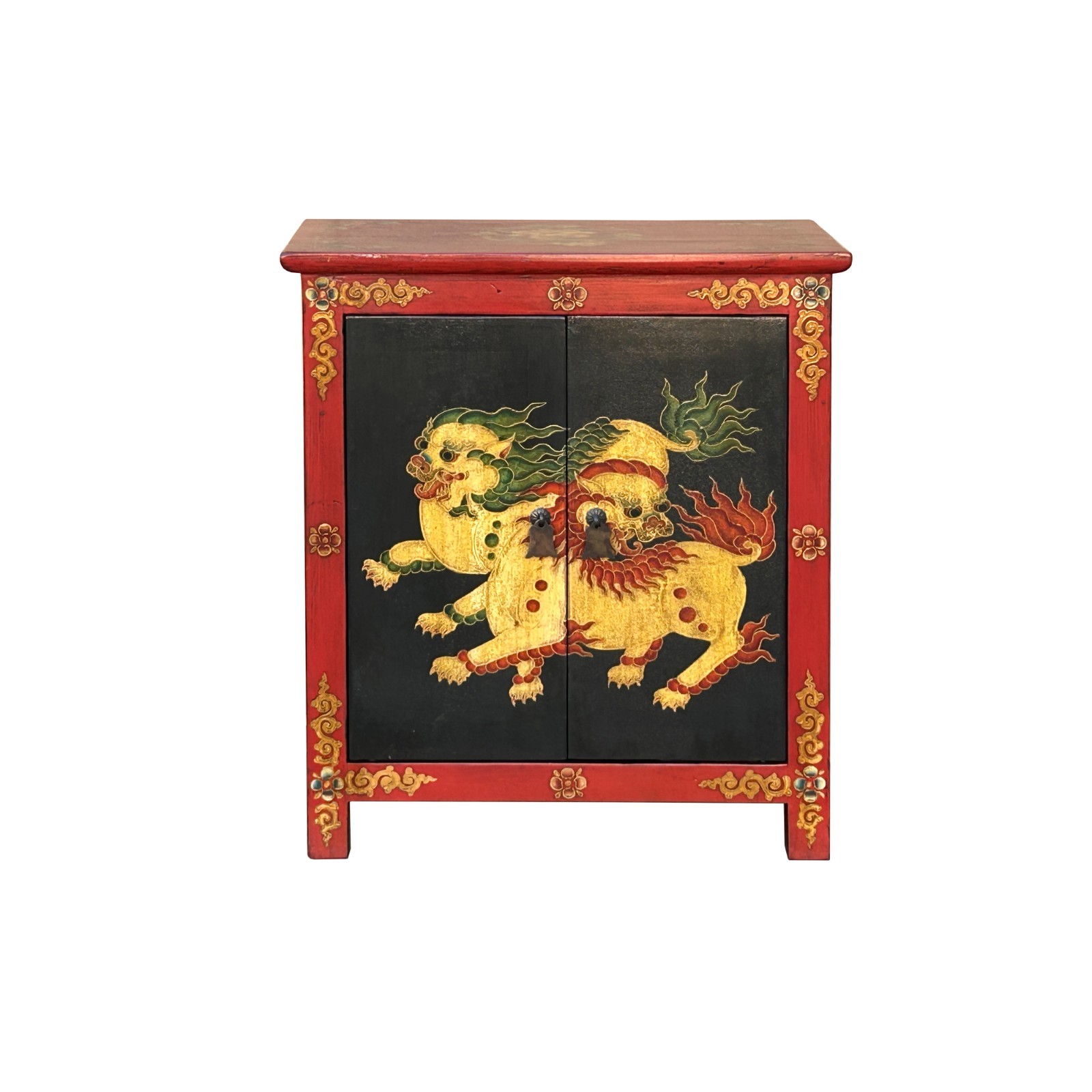 Tibetan Oriental Black Red Foo Dogs Lions End Table Nightstand GB164