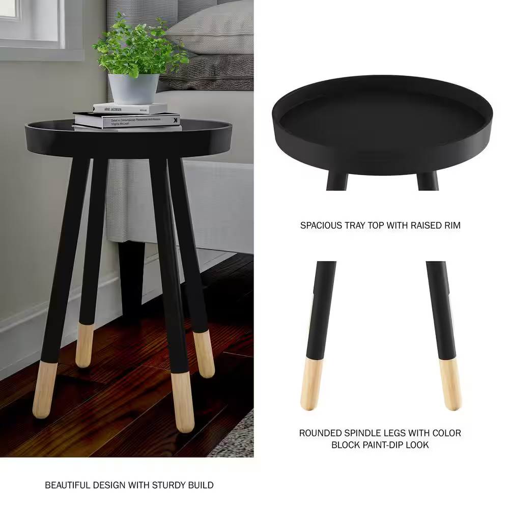 Black 17 In. round End Table, Wooden Mid-Century Modern Stand with Tray Top to D