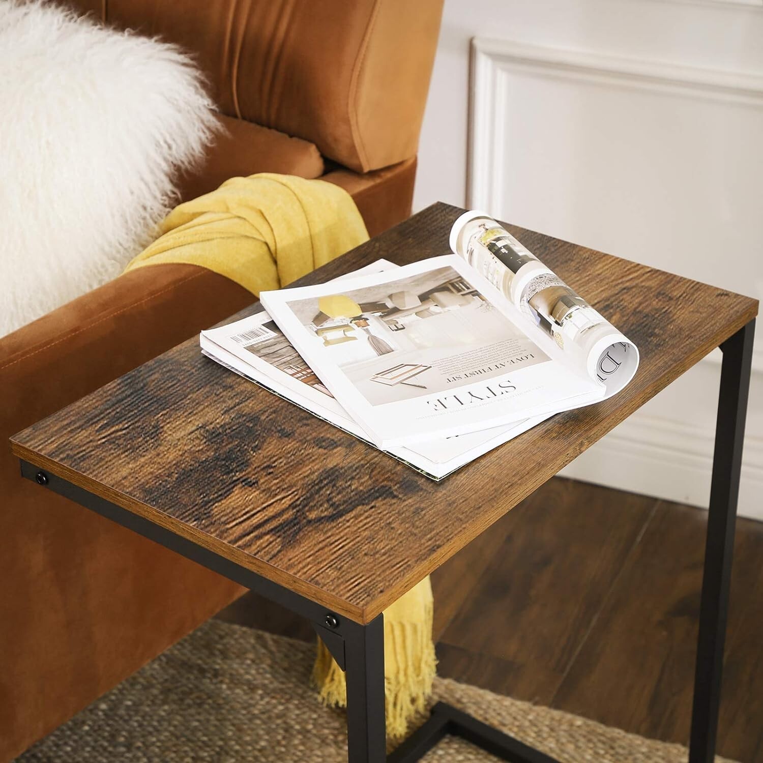 Industrial C-Shaped Coffee Table with Adjustable Feet – 13.8 x 21.7 x 26 Inches