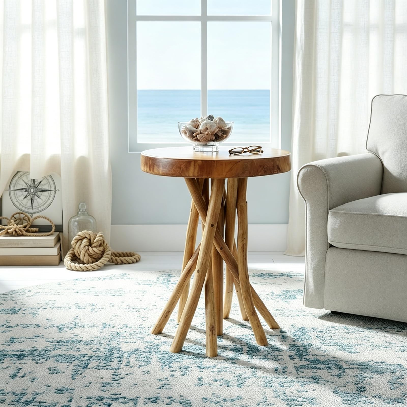 Teak Wood Stick Leg End Table, 16″ L x 16″ W x 20″ H Rustic Side Table, Small…
