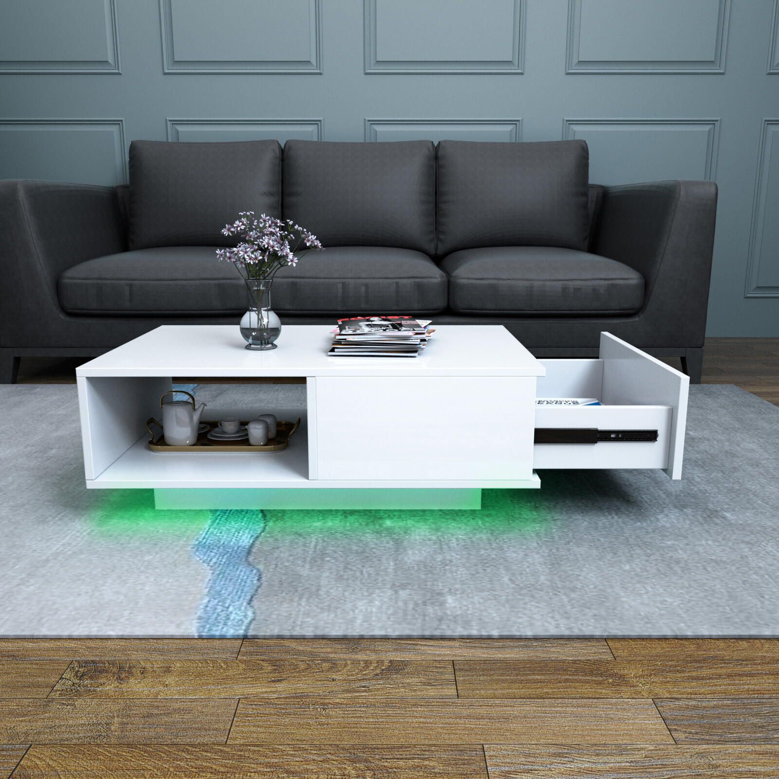 New Super Large 43″ High Gloss Side Coffee Table w/LED+Drawer Living Room White