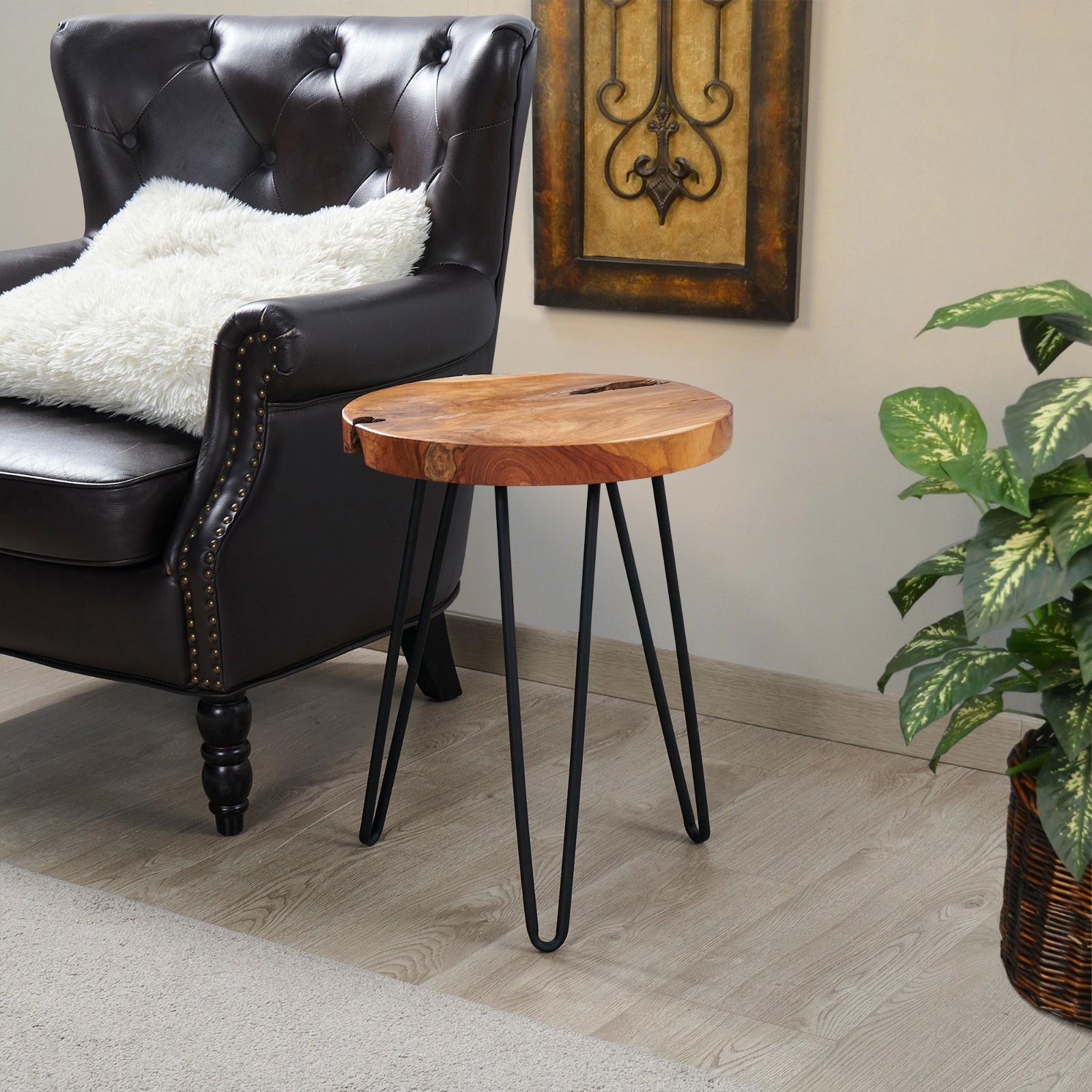 Greenage Rustic Teak Round End Table –Natural Wood Side Table Nightstand 21″ H