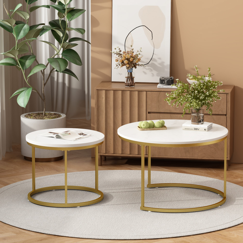 Nesting Coffee Table Set of 2, Round Marble Top with Metal Frame, White