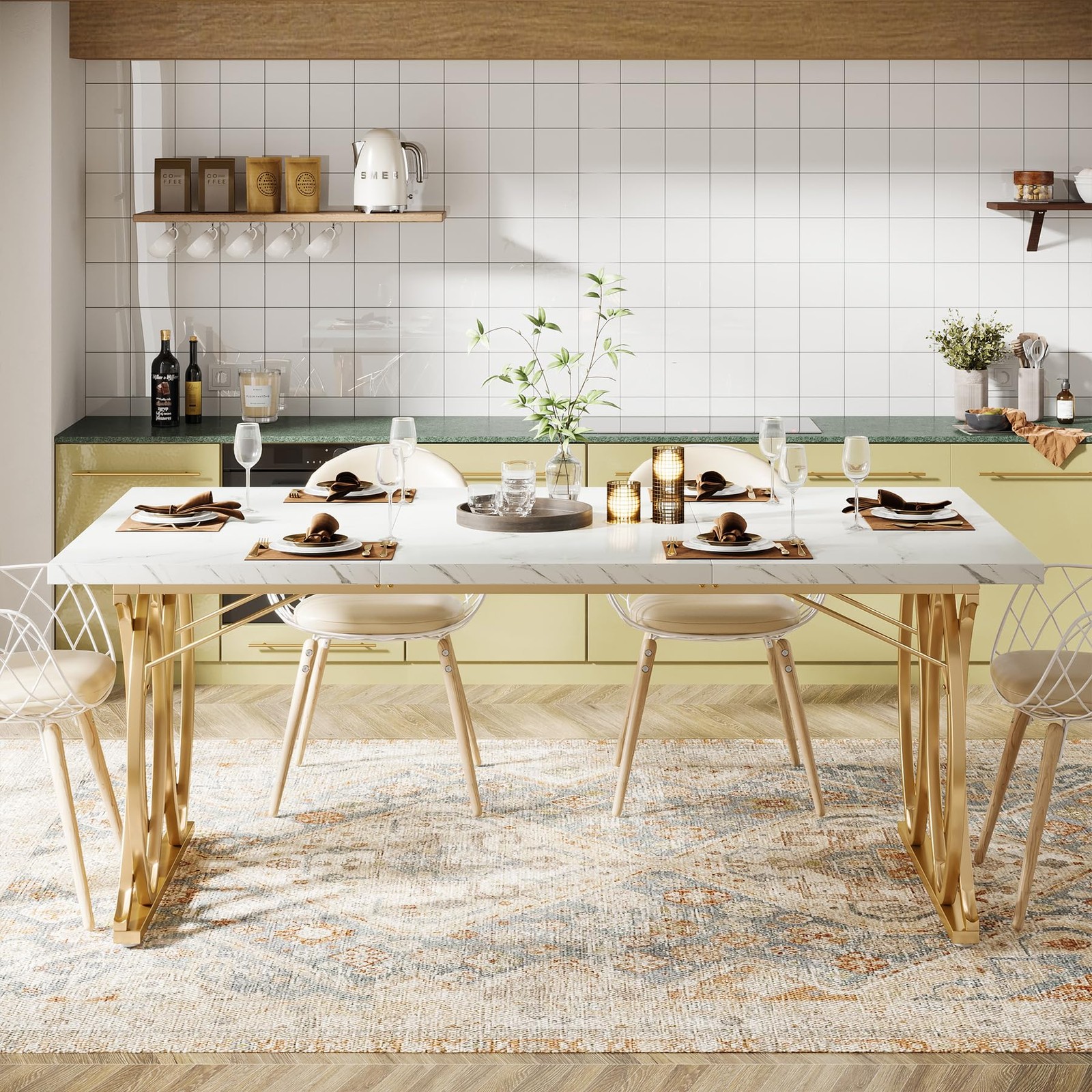 Modern Dining Table, 63″ Large Kitchen Table for 4-6 People, Unique Rectangul…