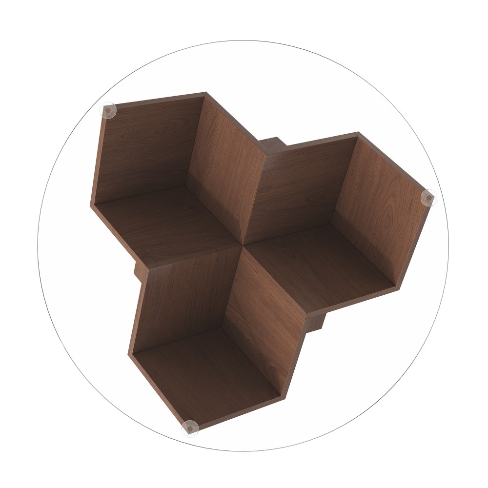 Round Coffee Table with Glass Top, Art Deco Base & Storage Shelves, Walnut