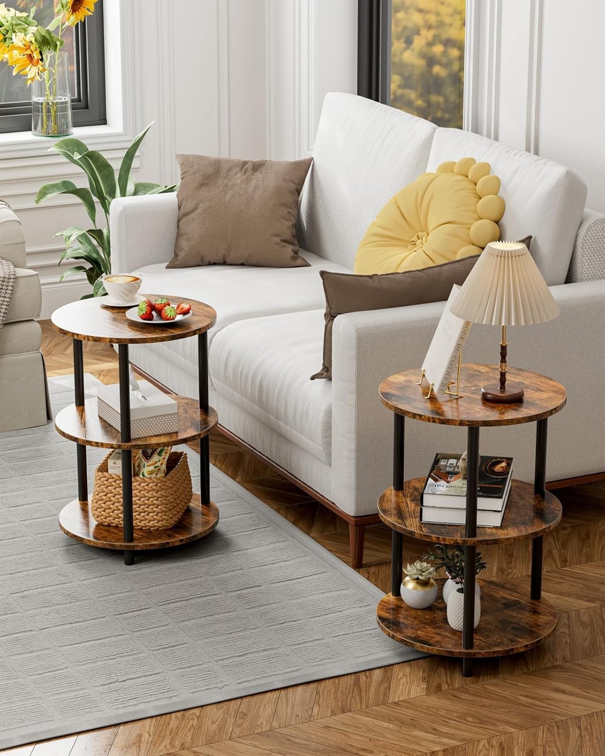 3 Tier Small Round End Table Industrial Vintage Nightstand Side Table Rustic Bro