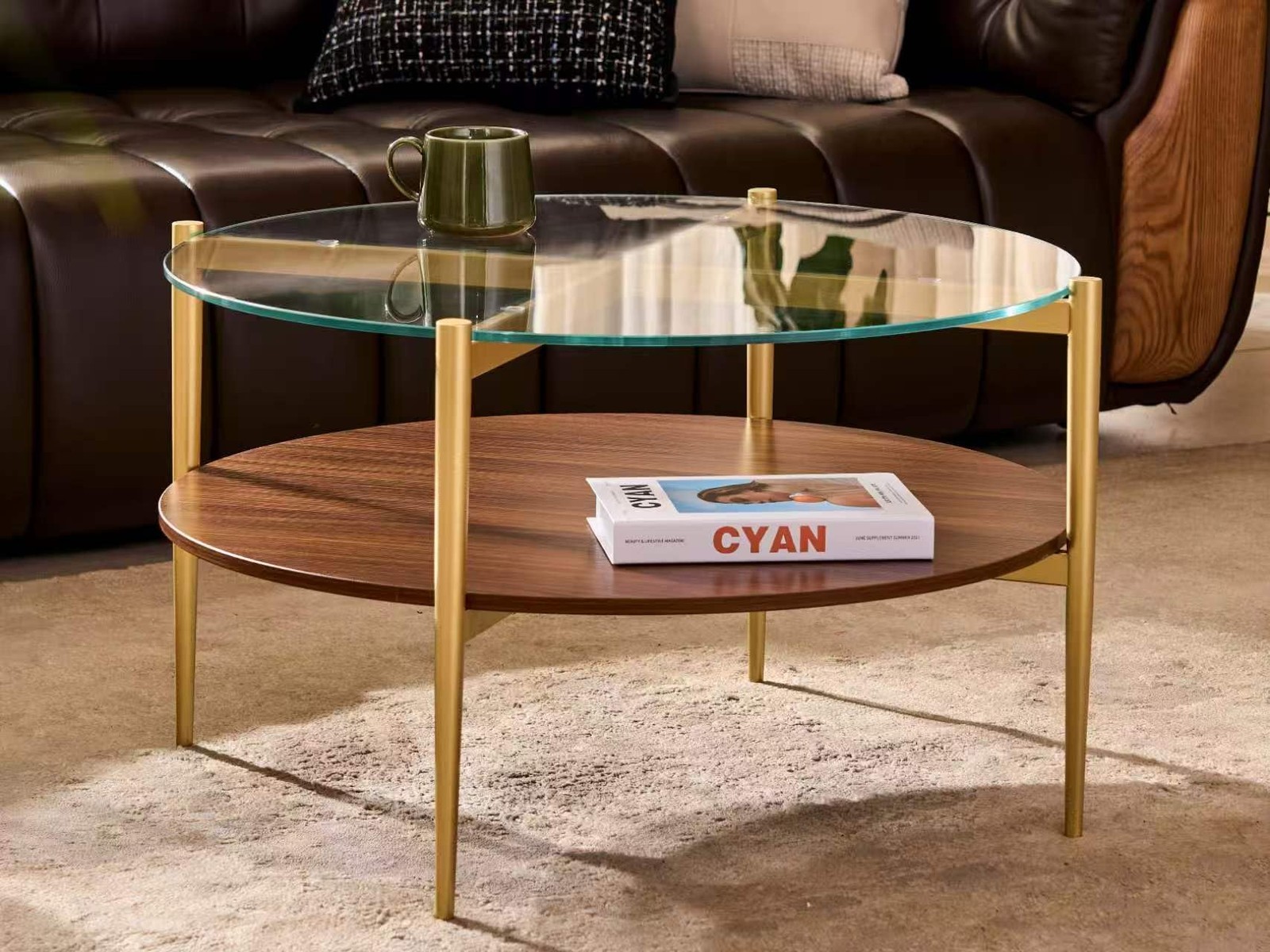 Coffee Table D30 x H17 in 2-Tier Clear Glass Top Walnut MDF Gold Finish