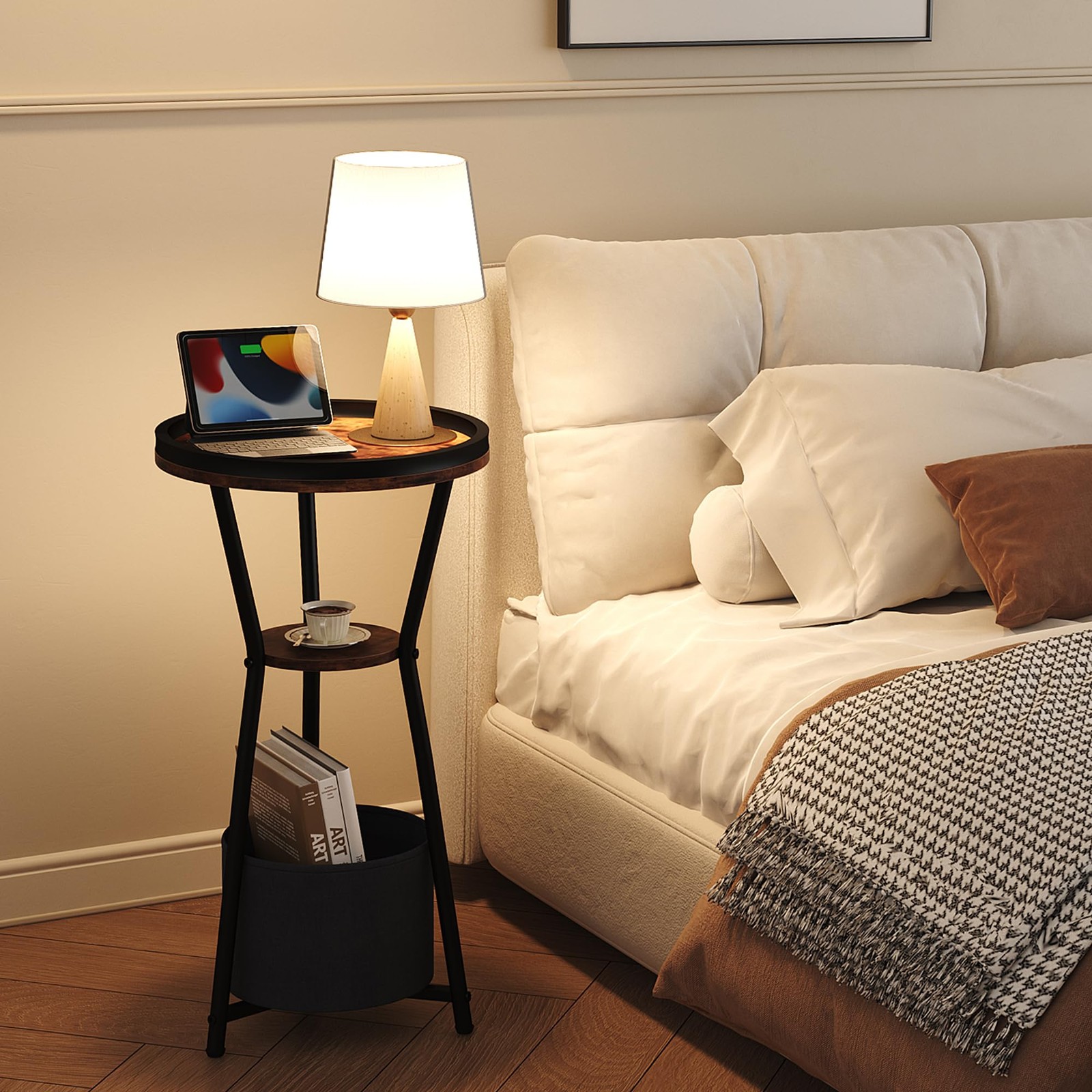 Round Side Table, Small Drink Table for Small Spaces, 3Tier Industrial End Ta…