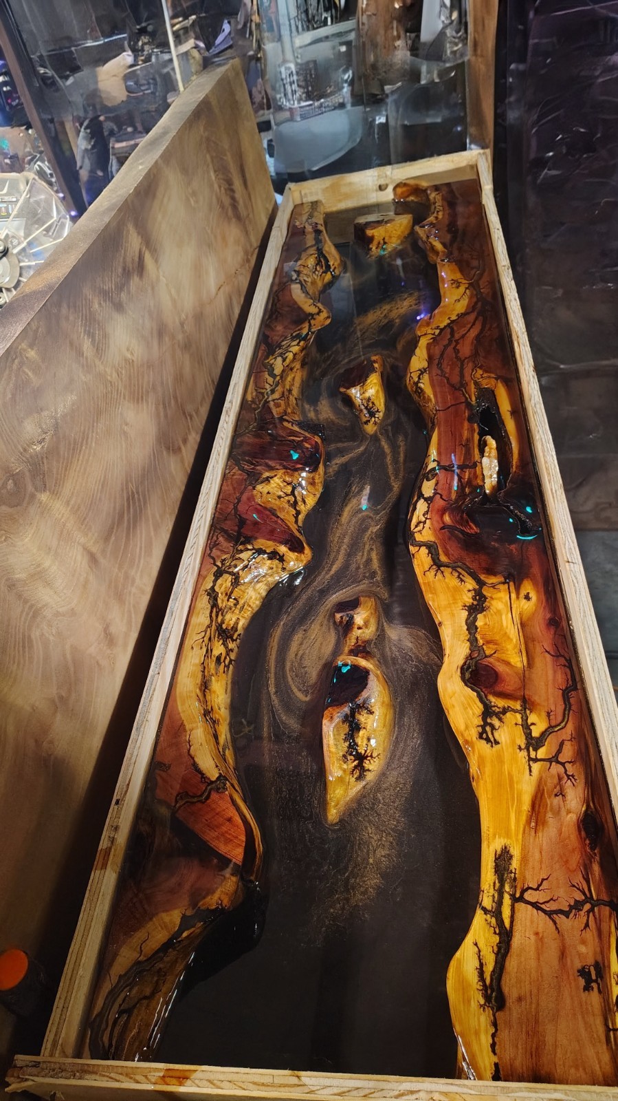 Red Cedar Epoxy Translucent River Table With Electricity Fracked Accents