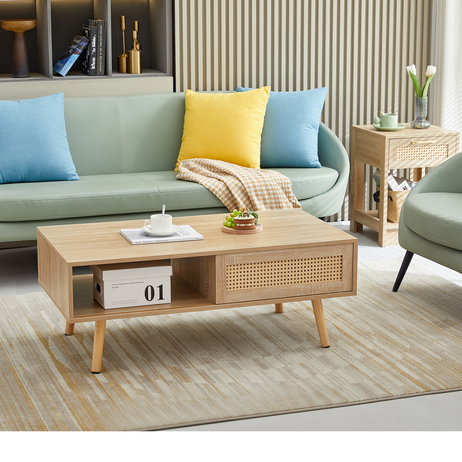 Rattan Coffee Table with Storage Cabinet and Open Shelf Wood Center Table