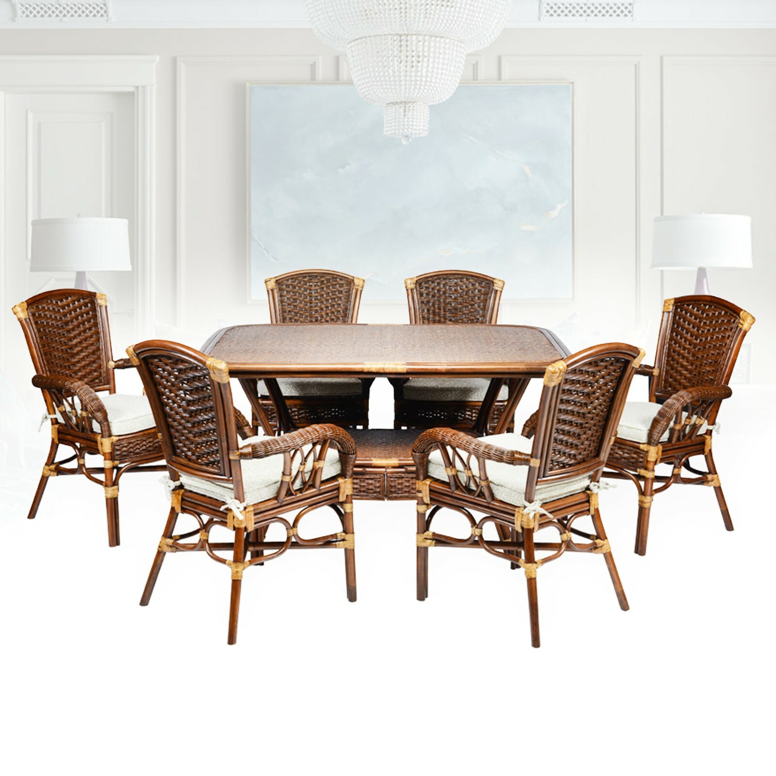 Alexa Dining Oval Table Dark Walnut Color Natural Rattan Wicker Handmade Design