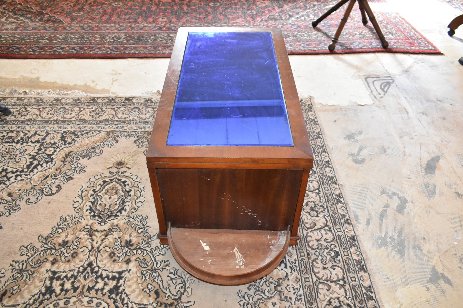 Art Deco Coffee Table Blue Tinted Glass Top Vintage Furniture