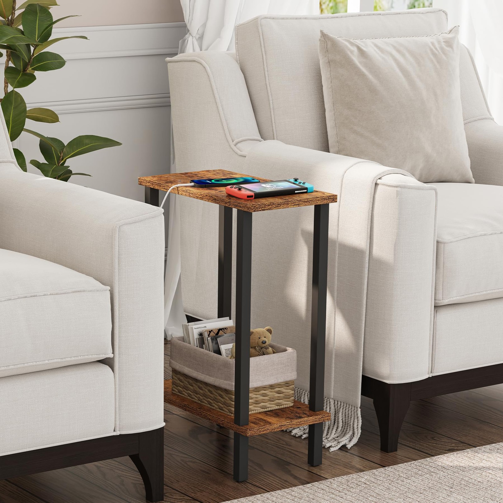 TUTOTAK Small Side Table, Narrow End 2-Tier（7.9″D x 15.8″W x 22.5″H）, Brown