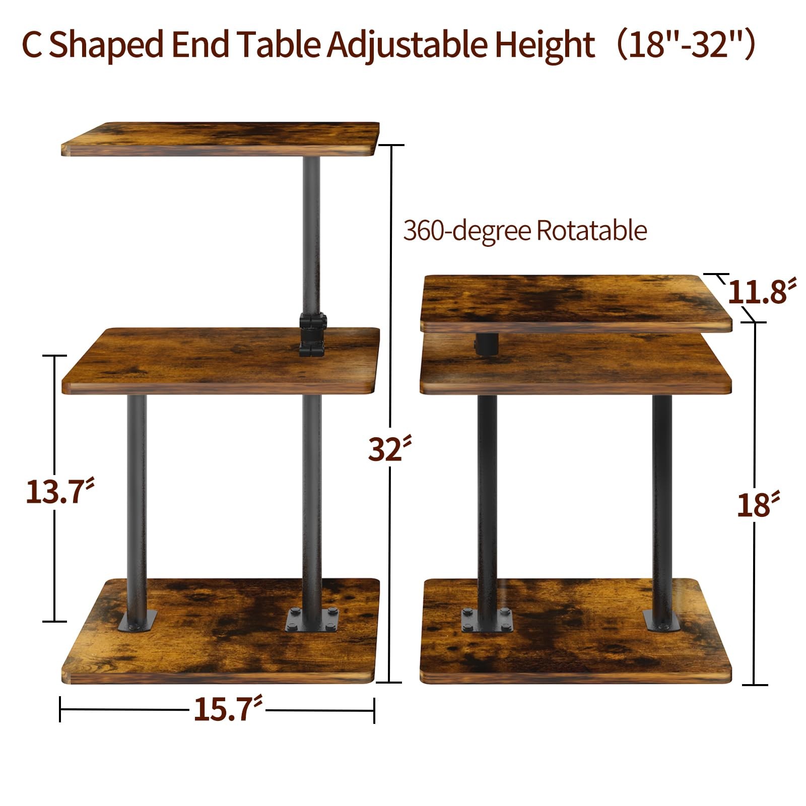 Swivel Side Table Adjustable Height, 3-Tier End Table with 360°Rotatable Tray…