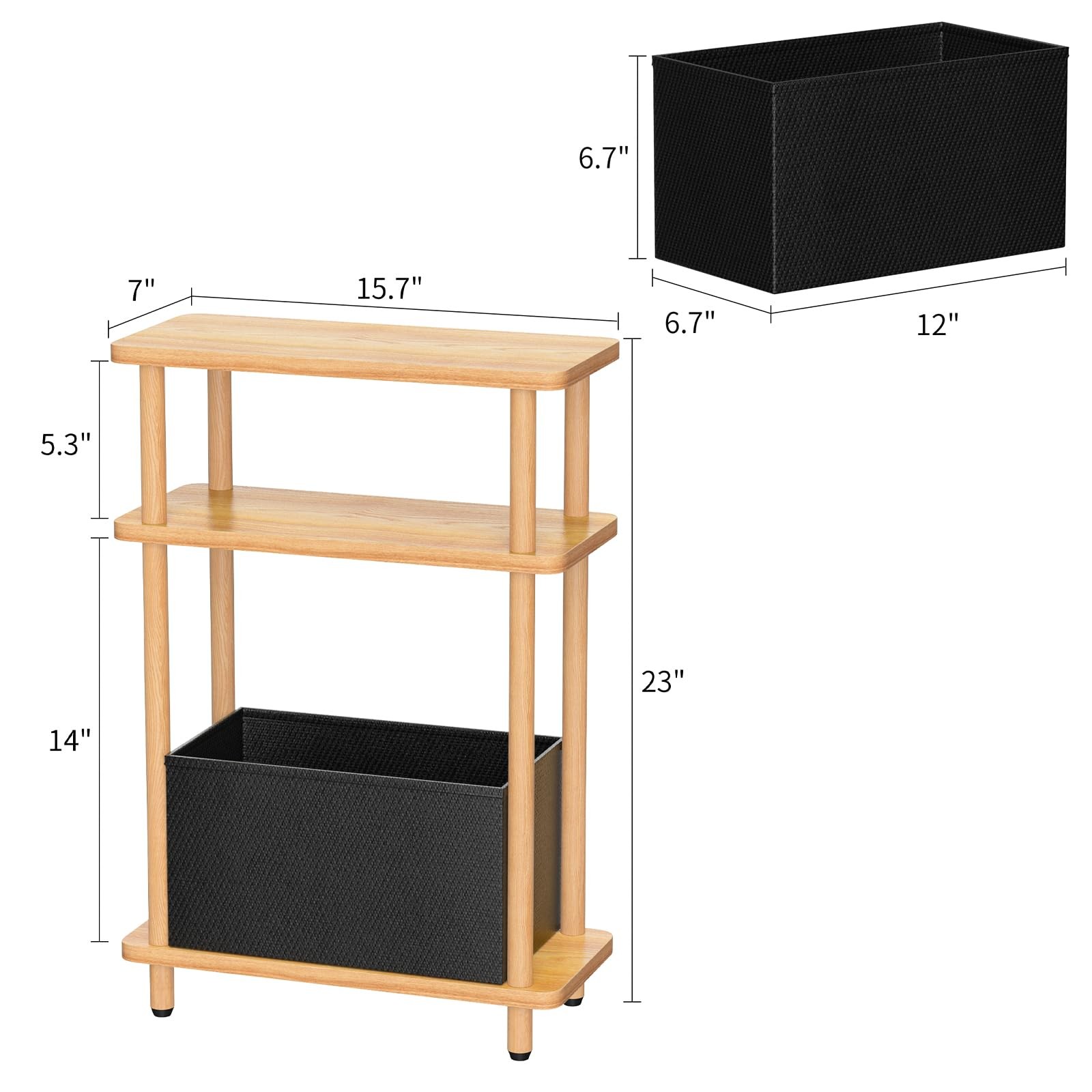 Narrow Side Table with Fabric Basket, 7 Wide, 3 Tier Skinny End Table with Wo…