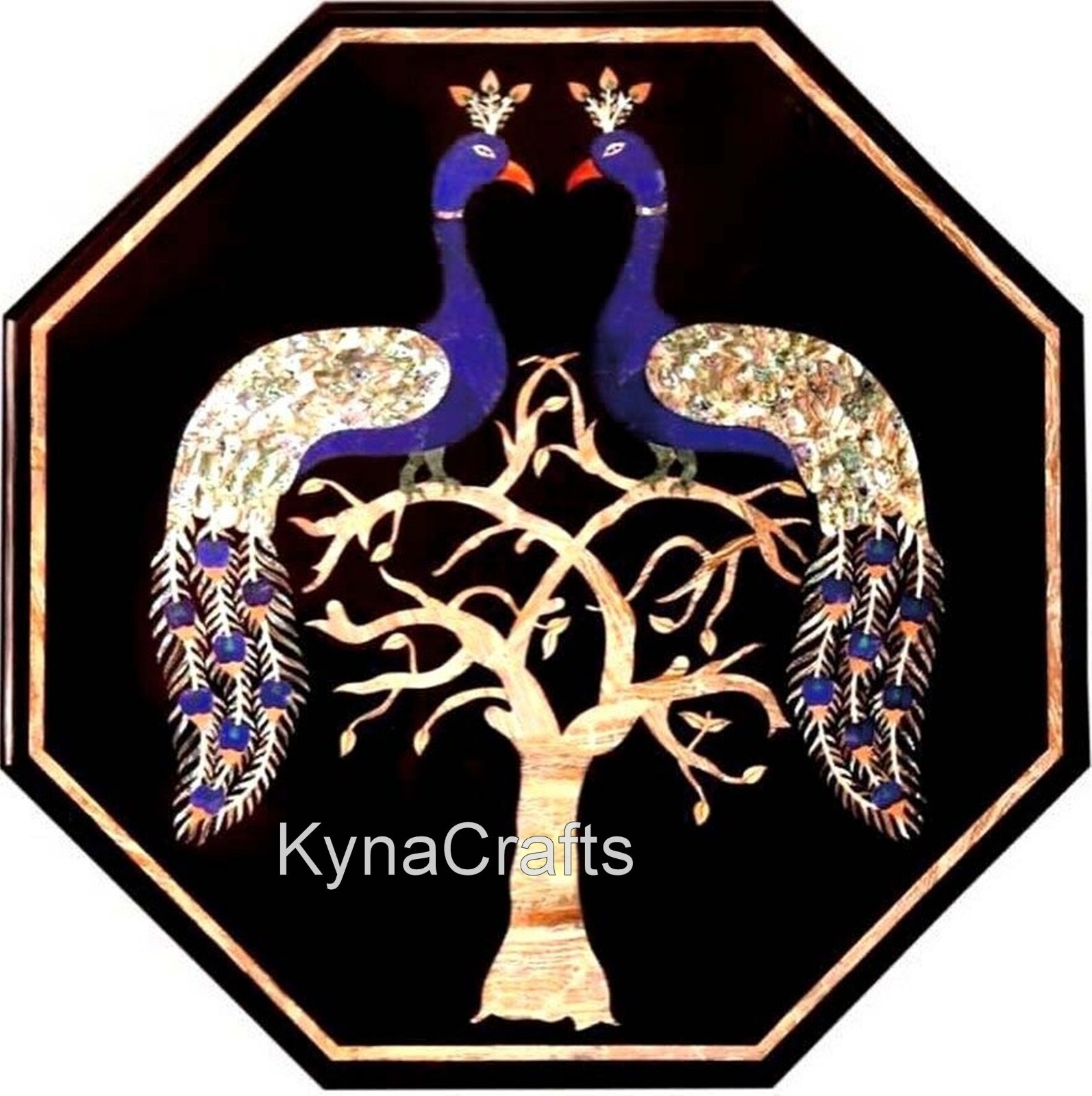 Black Marble Coffee Table Top Peacock Pattern Inlay Work Corner Table for Office