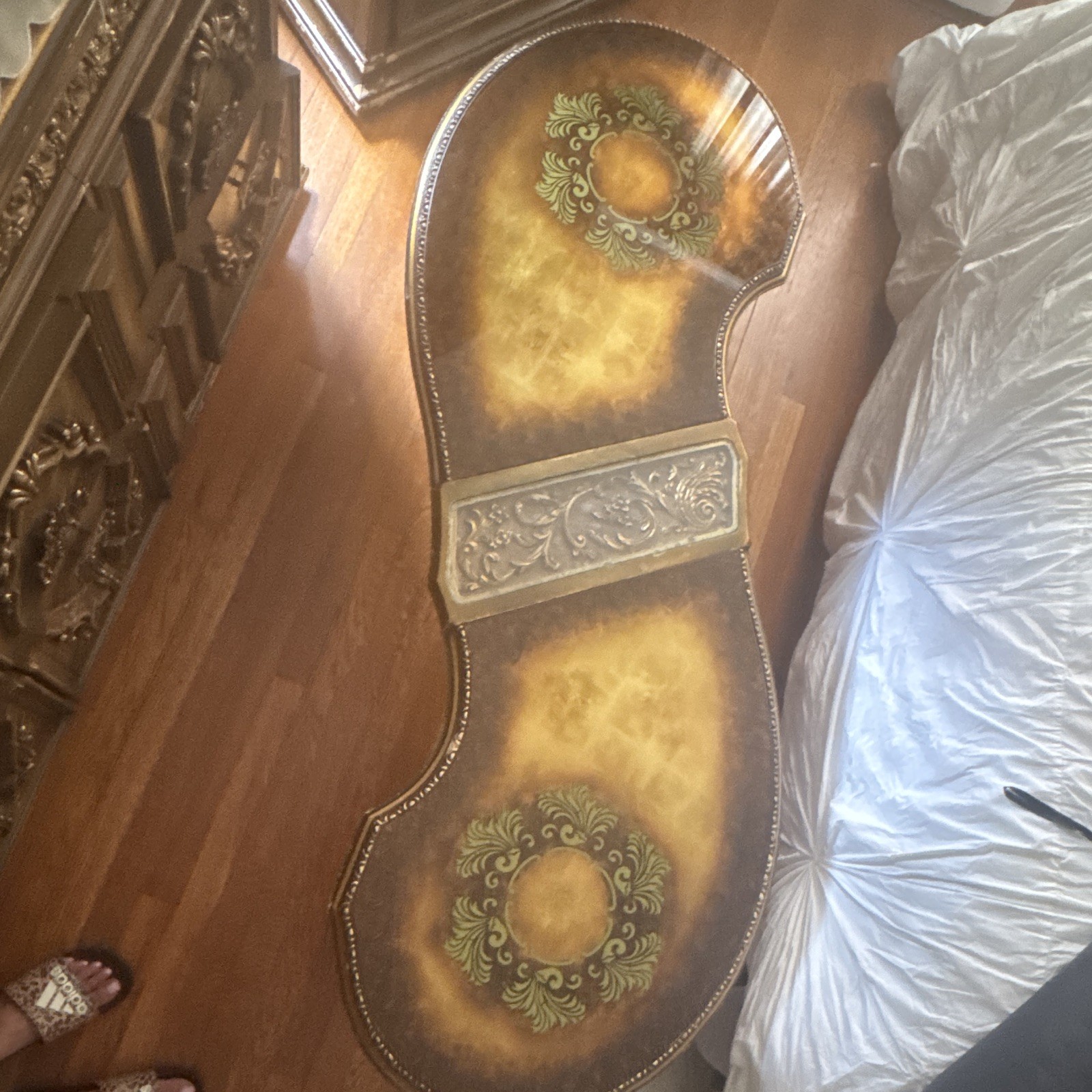 Kidney Coffee Table 1950s Wood/Glass Glossy Floral Brown Green Gold 42×36