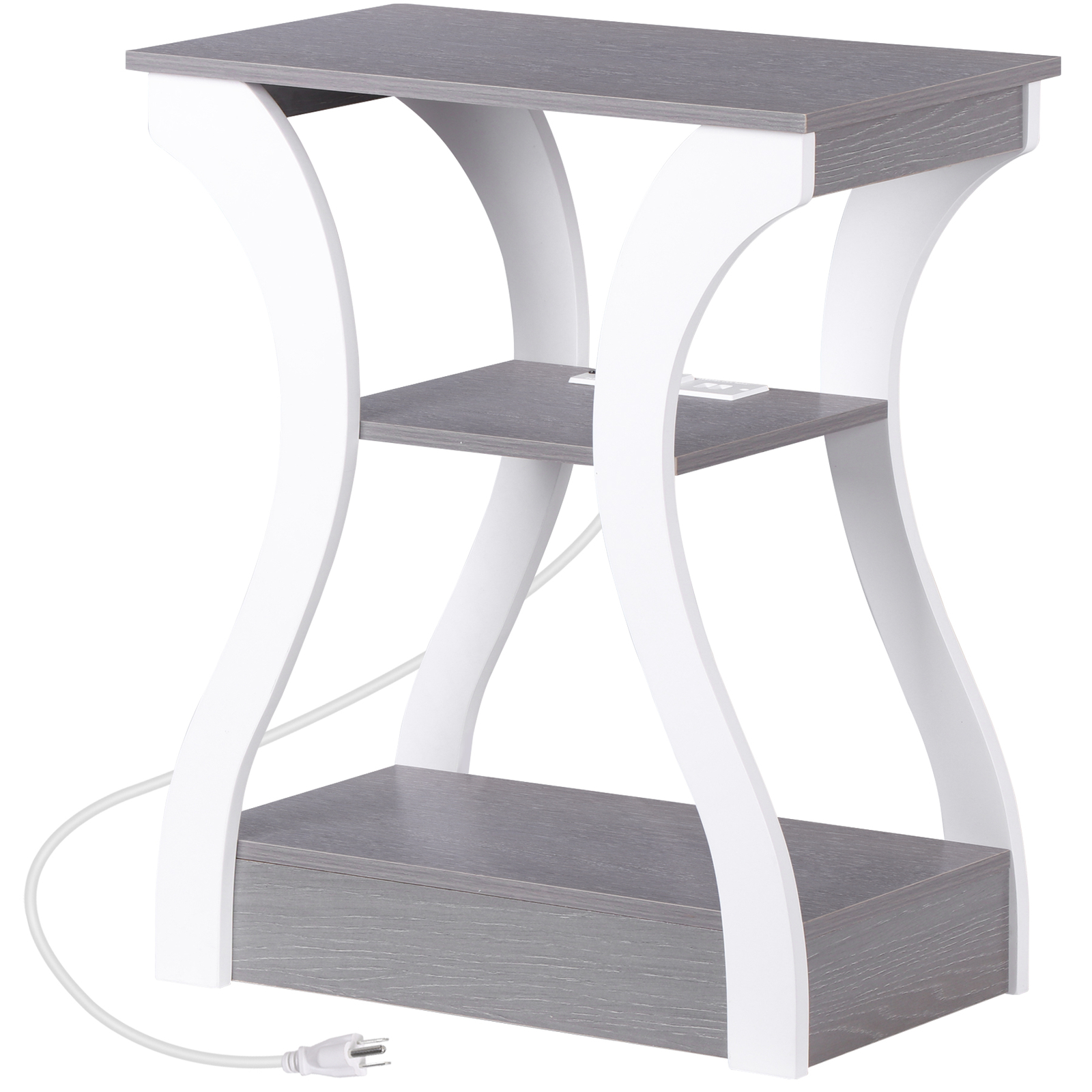 End Table Side Table 3-Tier Storage Shelf for Small Space with Outlet Grey+White