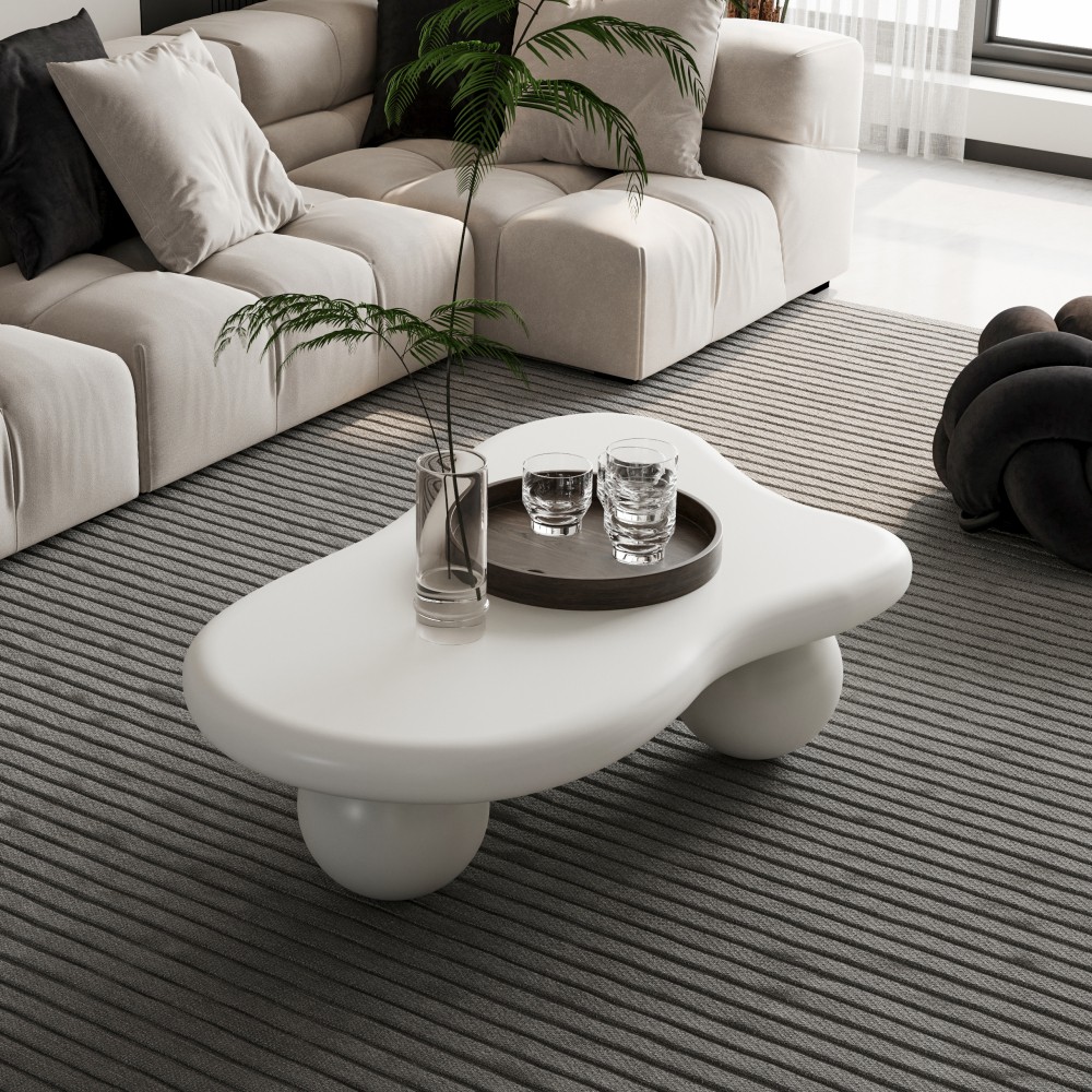 40 Inch Cloud Shaped Coffee Table with 3 Ball Legs for Living Room, Cream White