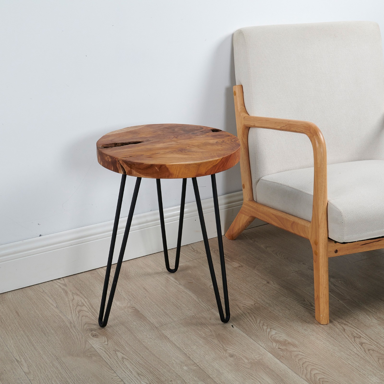 Greenage Rustic Teak Round End Table –Natural Wood Side Table Nightstand 21″ H