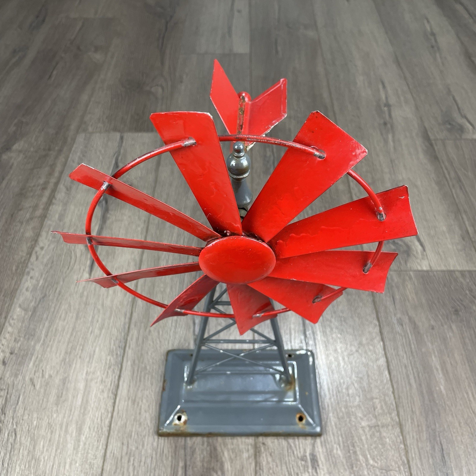 Vintage Small Metal Red Table Top Windmill Tower 8.5” Blade About 16” Tall