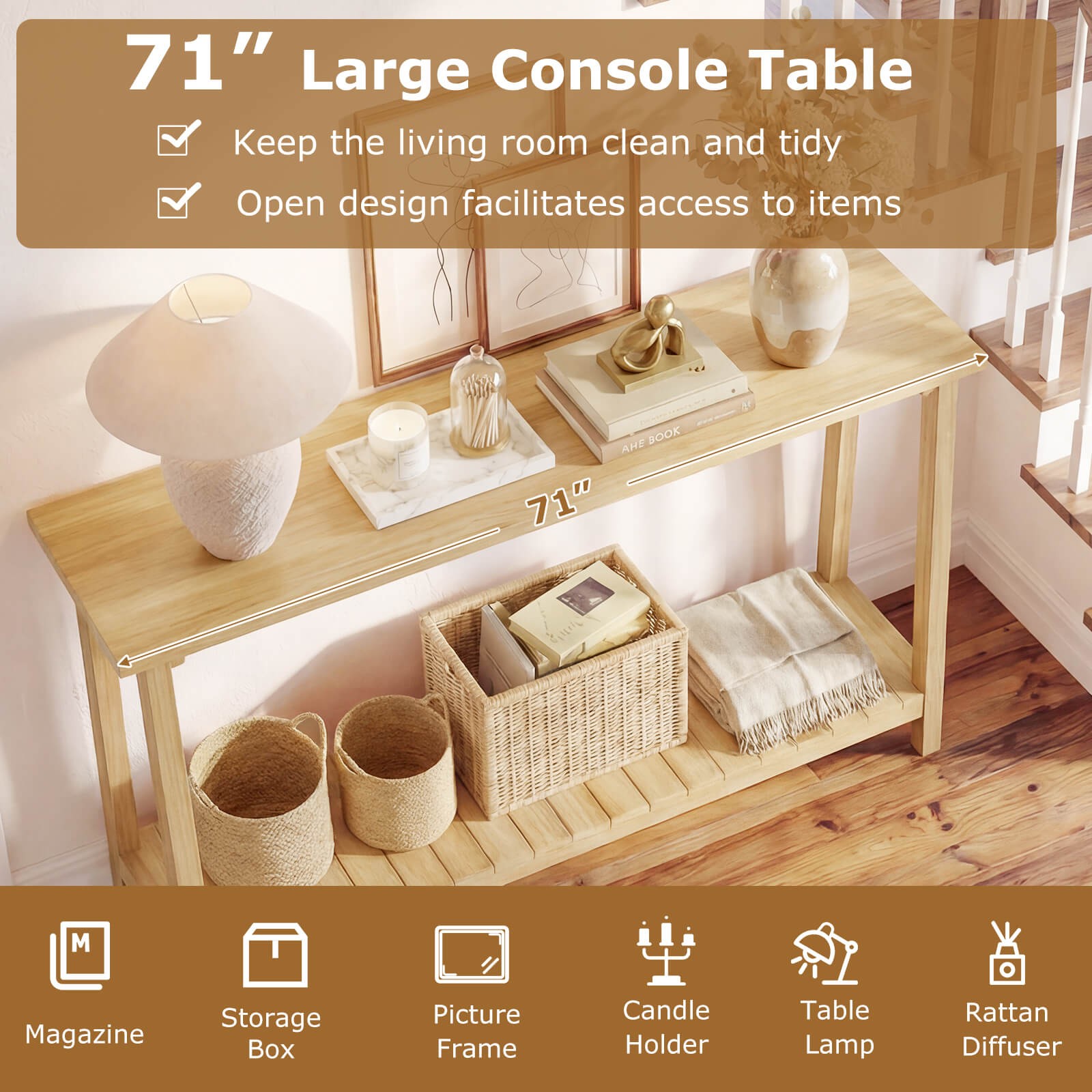 71″ Solid Wood Large Console Table,2-Tier Farmhouse Sofa Table w/Teak Wood Frame