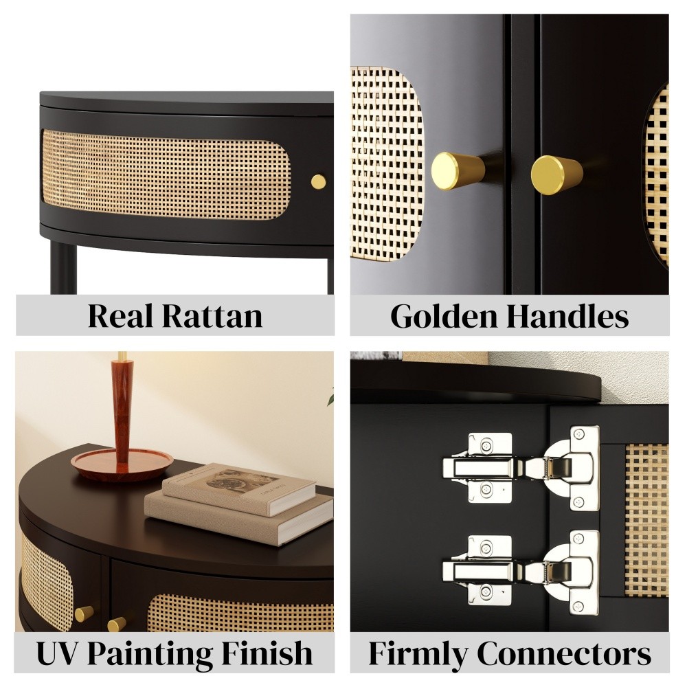 Unique Half Moon Design End Table with Sliding Rattan Door,Elegant Semi-circle