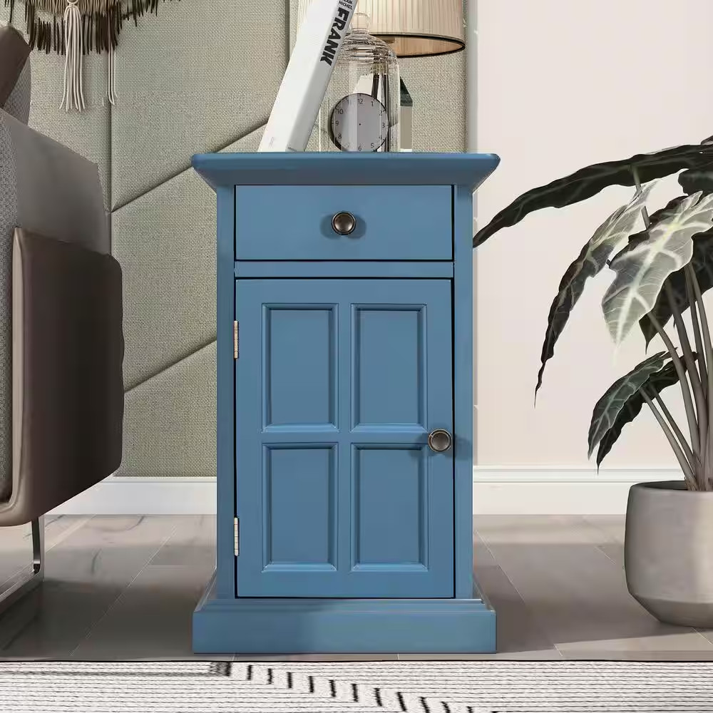 24 In. Navy Rectangle Wood End Table with USB Ports and 1-Drawer W/Cup Holders S