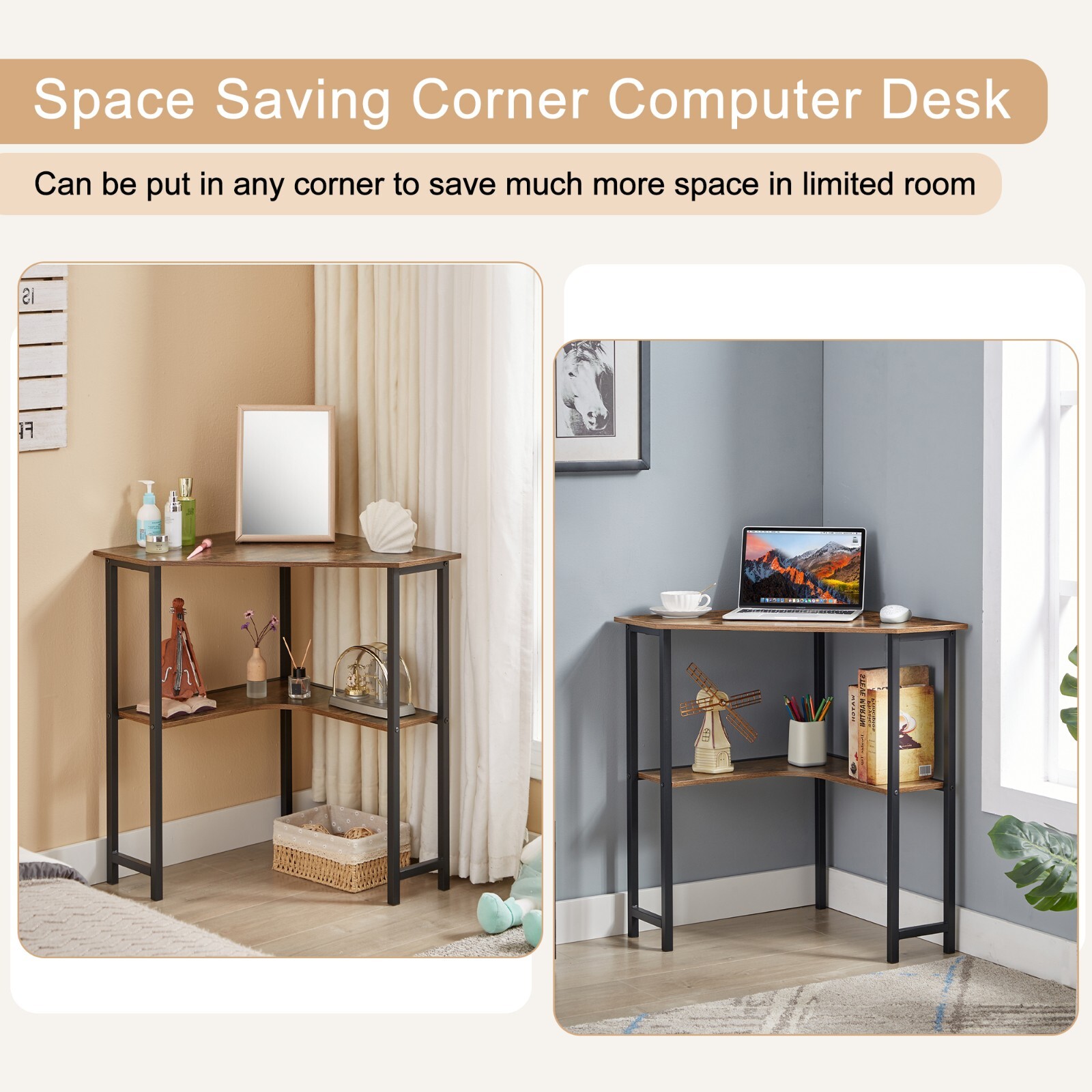 Corner Computer Desk with Storage Shelves Triangle Writing End Table Small Space