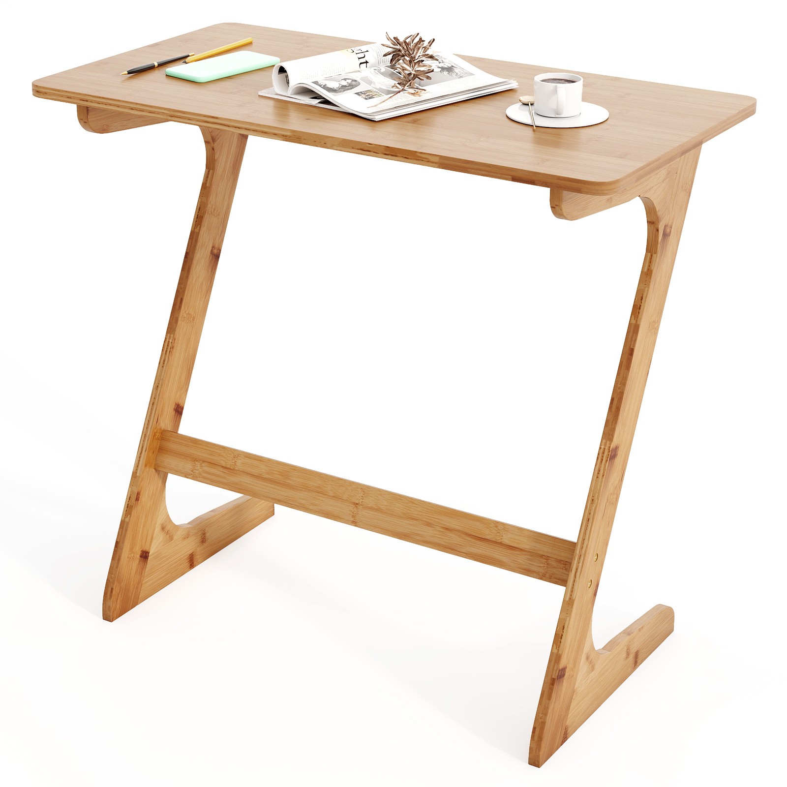 Bamboo Sofa Side Table Z-Shaped Spacious Tabletop Space-Saving TV Snack Tray