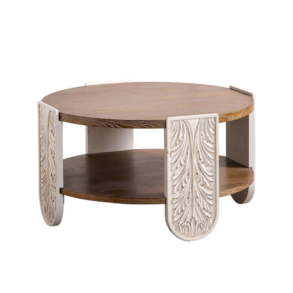 Carved Wooden Coffee Table, Retro End Table with Double-Layer Storage