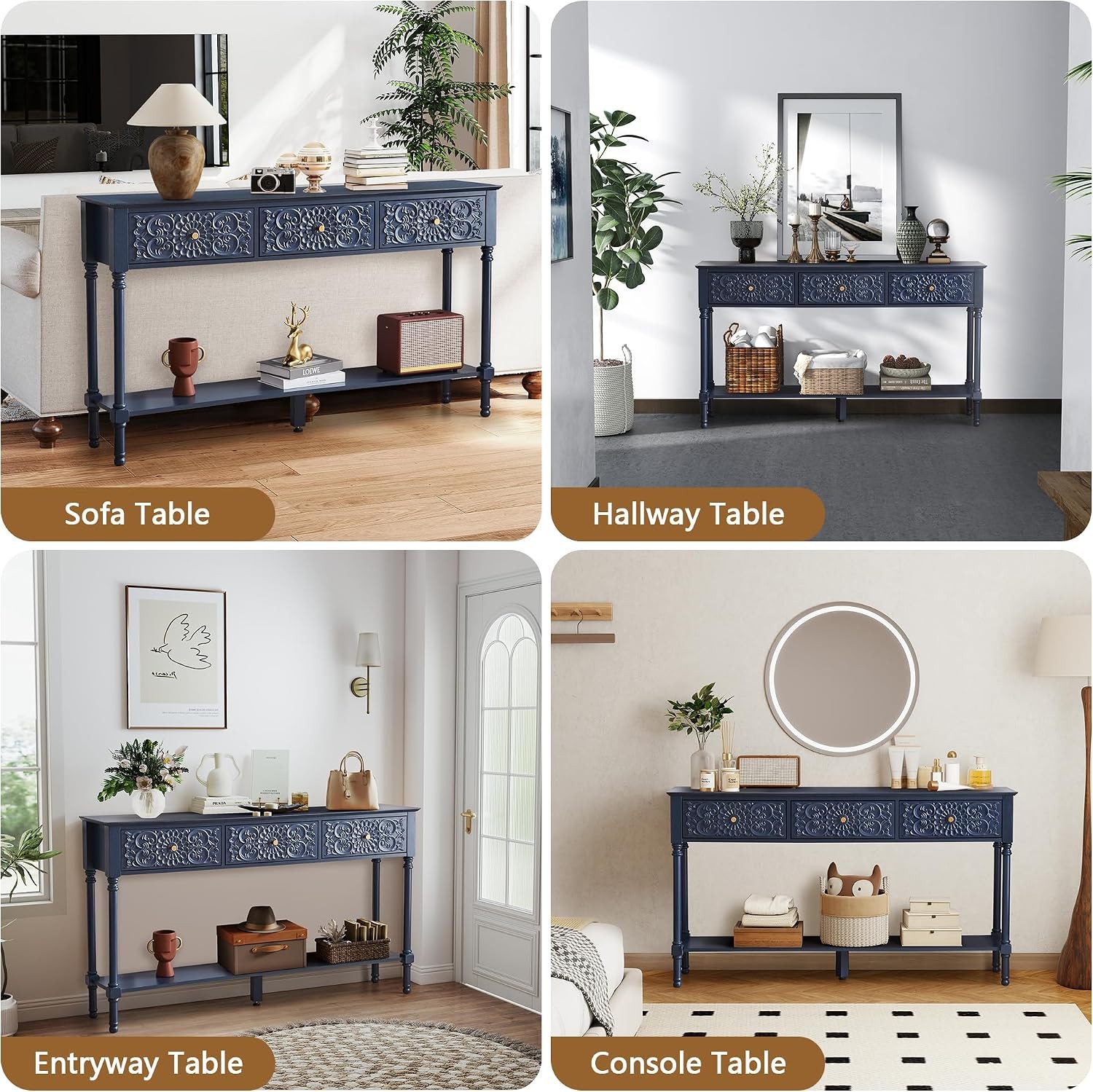 55.5″ Carved Console Table with 3 Drawers, 2-Tier Sofa Table with Glossy Floral